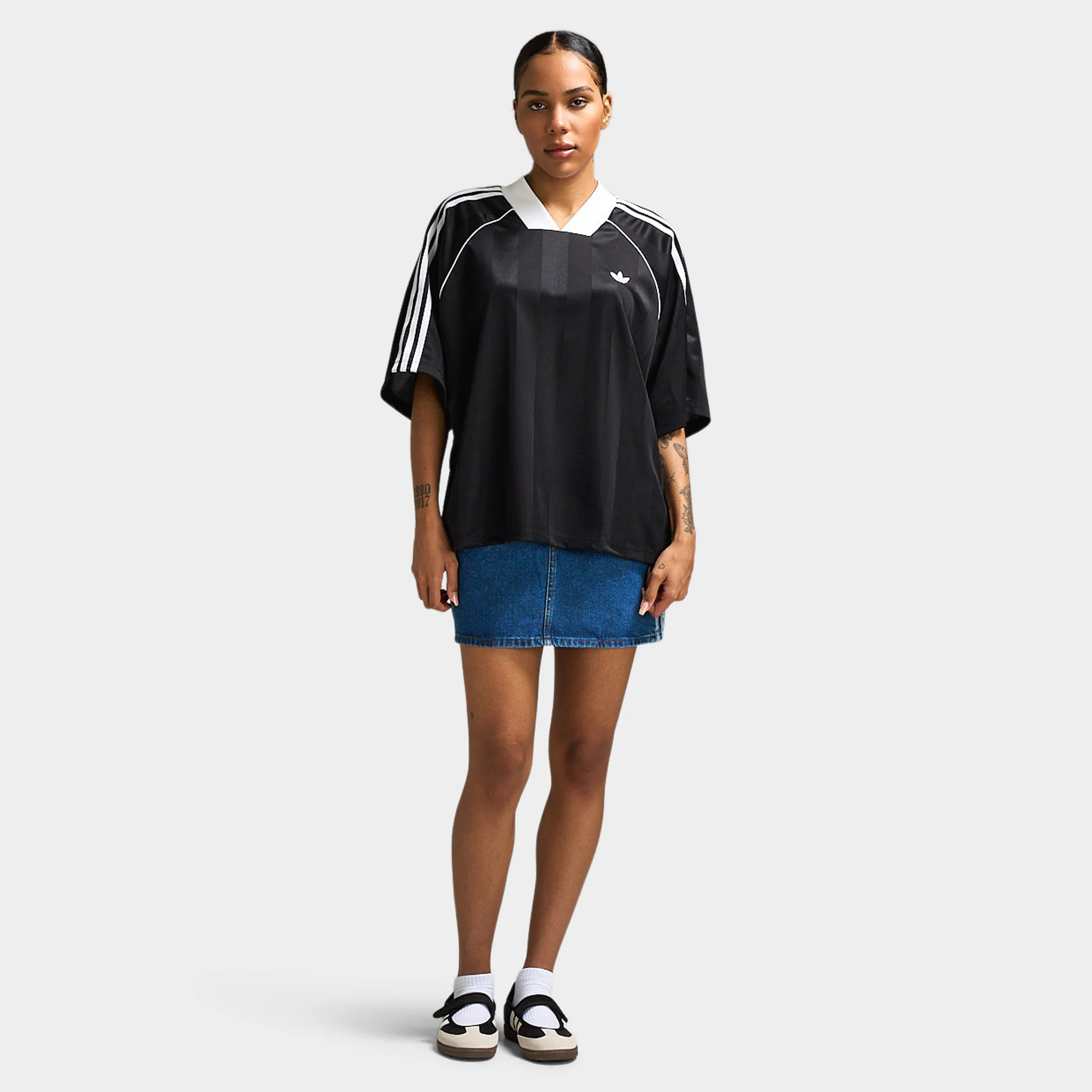 adidas Women's 3 Stripe Jacquard Tee Black / White - Image 5