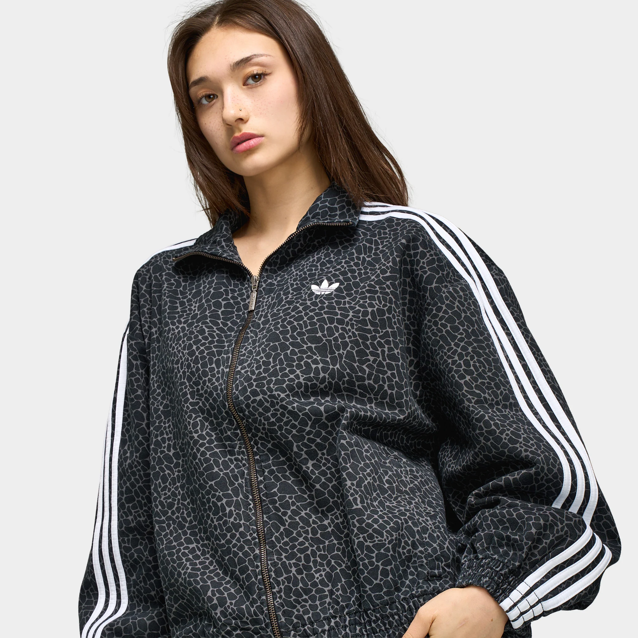Adidas Women's Firebird Oversized AOP Denim Jacket Black / Grey Six - Image 3