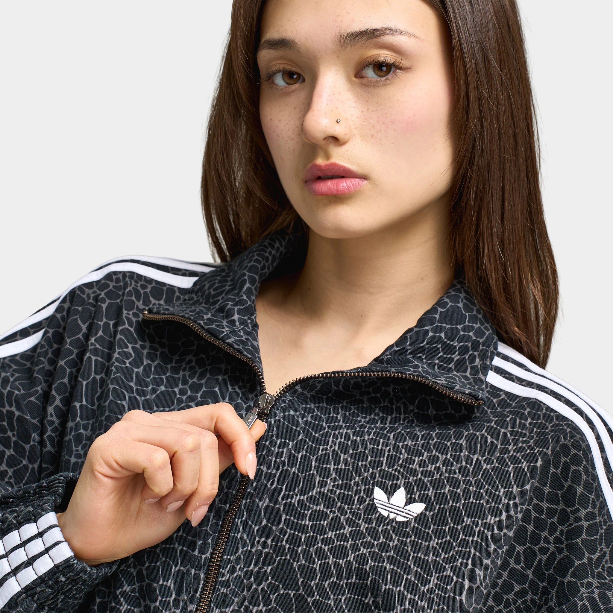 Adidas Women's Firebird Oversized AOP Denim Jacket Black / Grey Six - Image 4