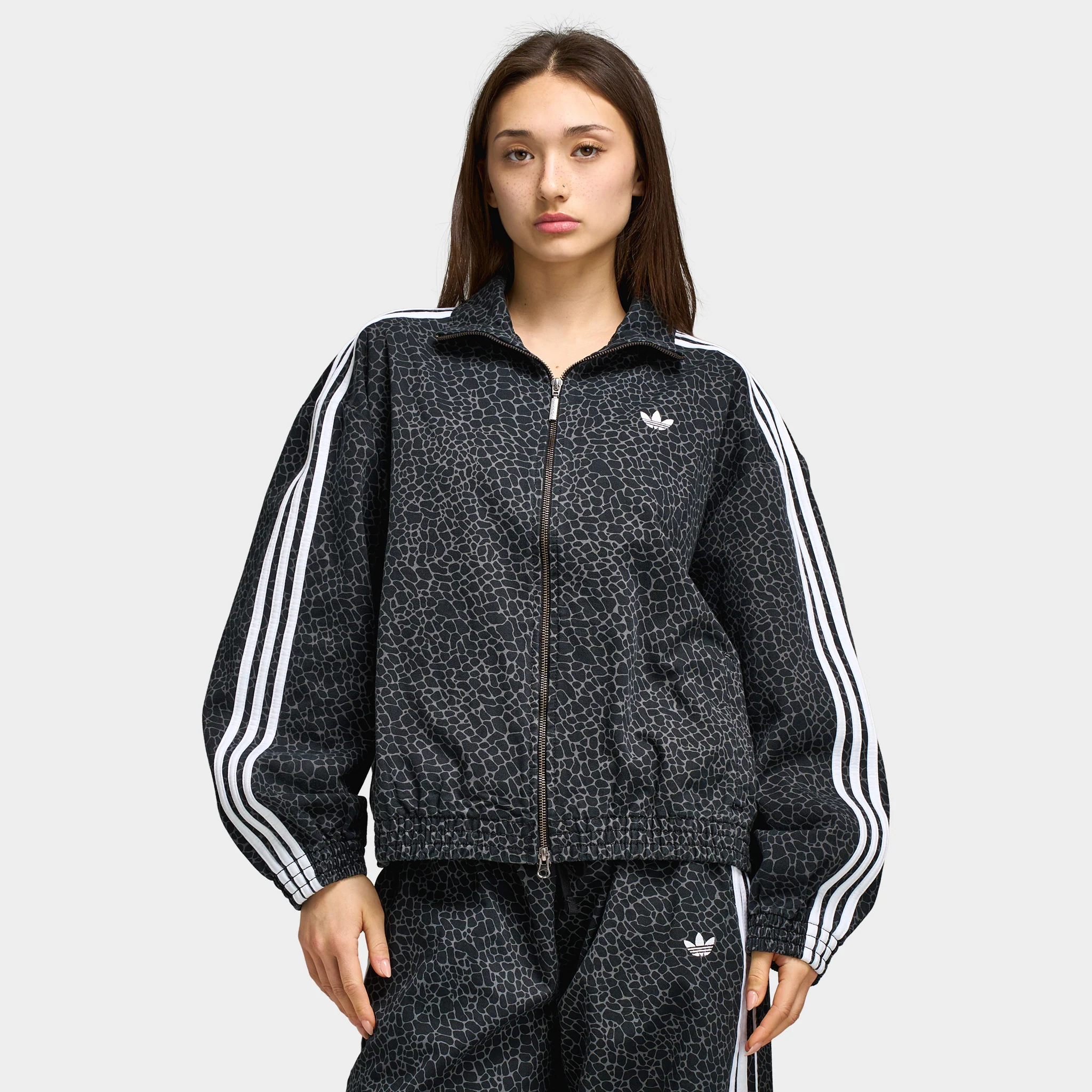 Adidas Women's Firebird Oversized AOP Denim Jacket Black / Grey Six - Image 5