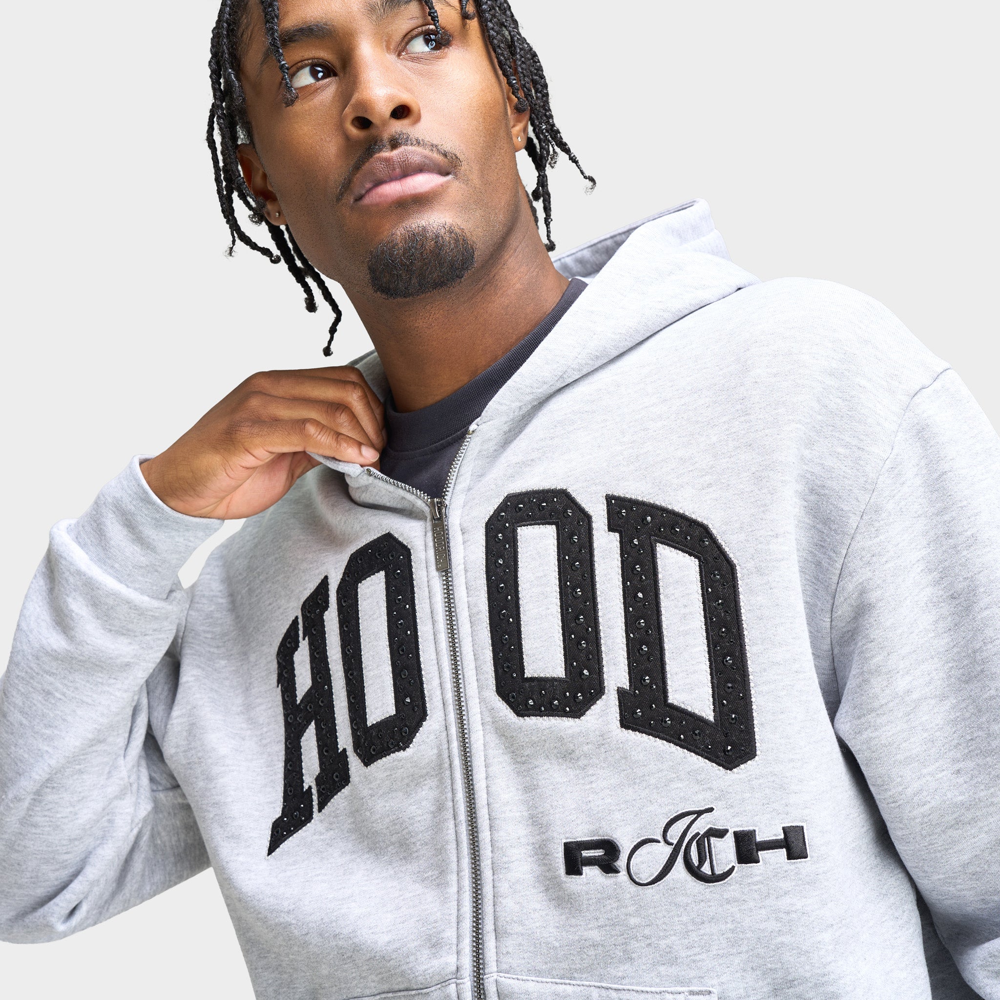 Hoodrich Captain - Oversized Zip Through Hoodie Heather Grey / Black - White - Image 3
