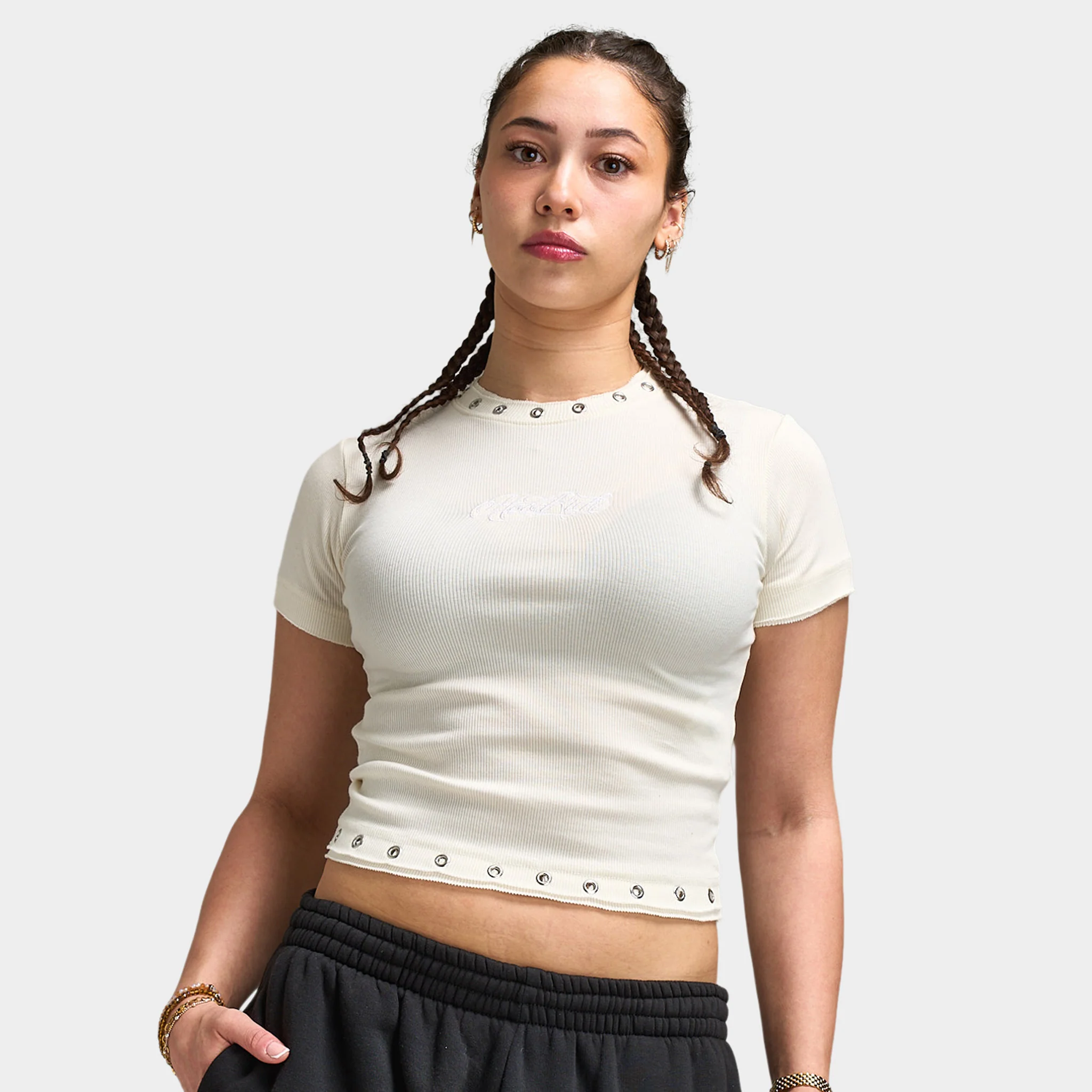 Hoodrich Baya Raw Hem Eyelet Fitted T-Shirt / White Alyssum - Image 4