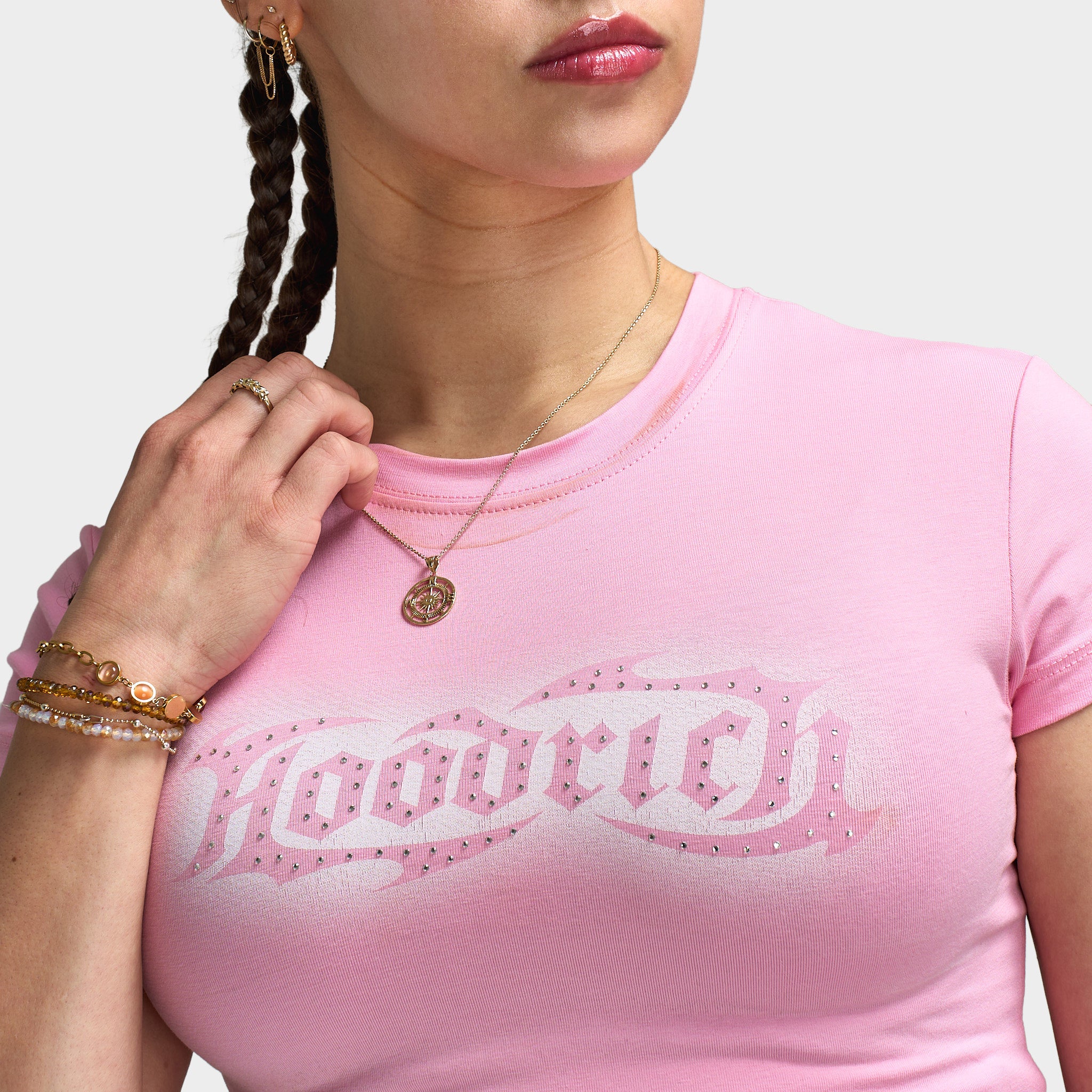 Hoodrich Luz Capped Fitted T-Shirt Bergonia Pink / Silver Rhinestone - Image 3