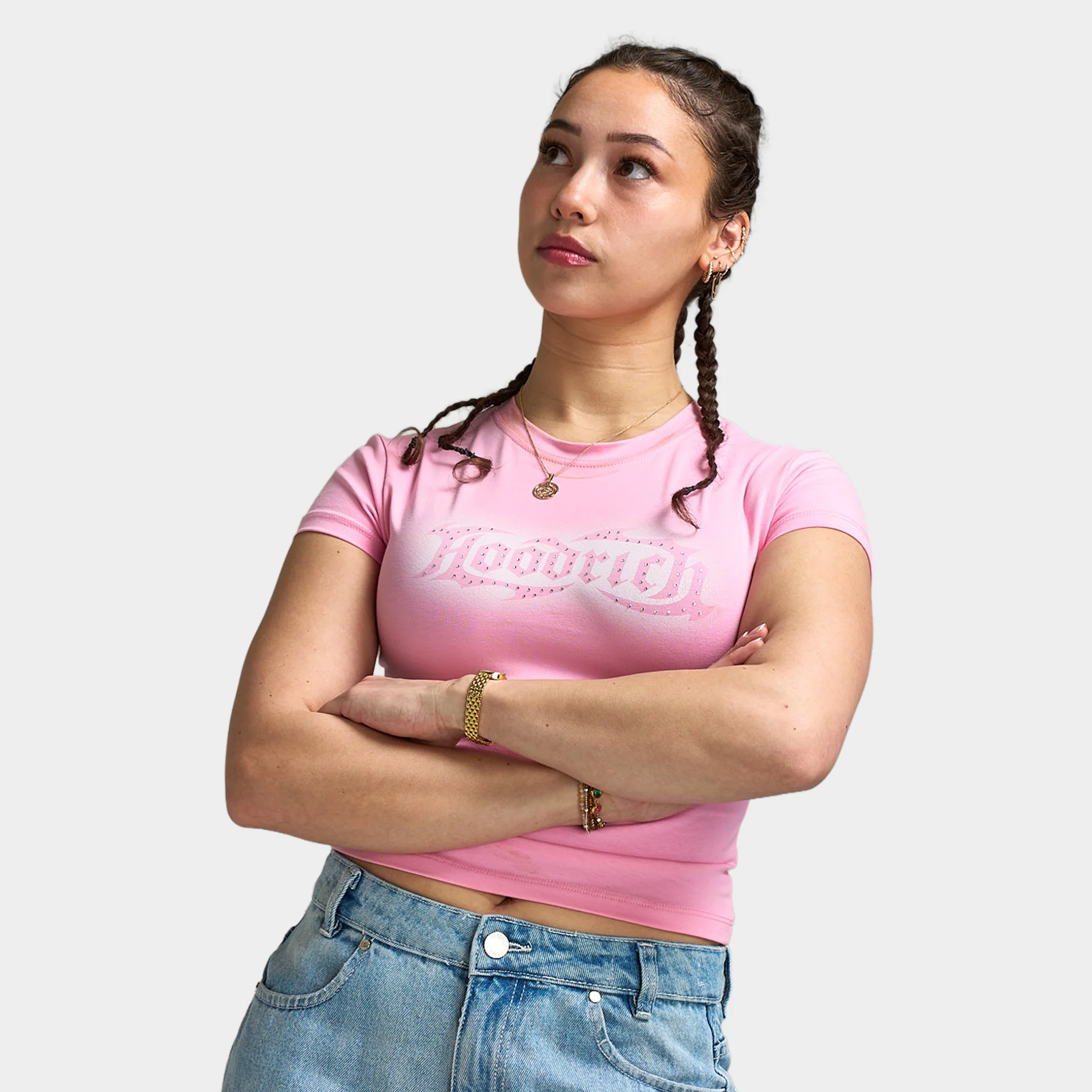 Hoodrich Luz Capped Fitted T-Shirt Bergonia Pink / Silver Rhinestone - Image 4