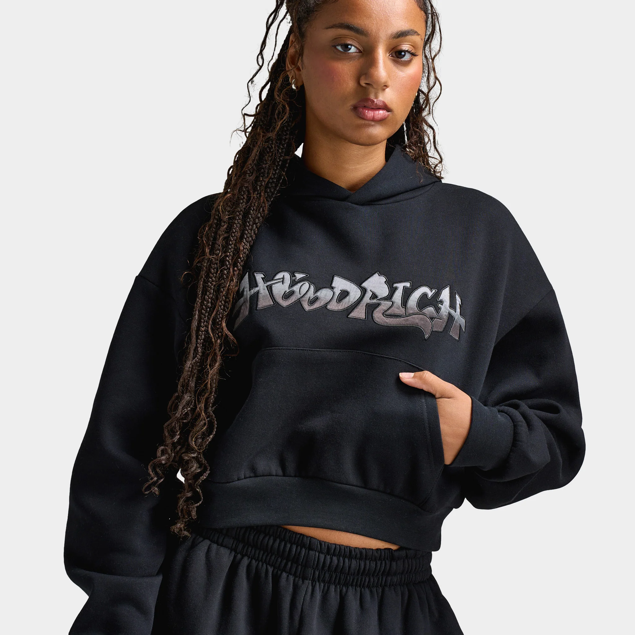 Hoodrich Women's Boxy Hoodie With Satin Applique Black / Black Satin - Image 3