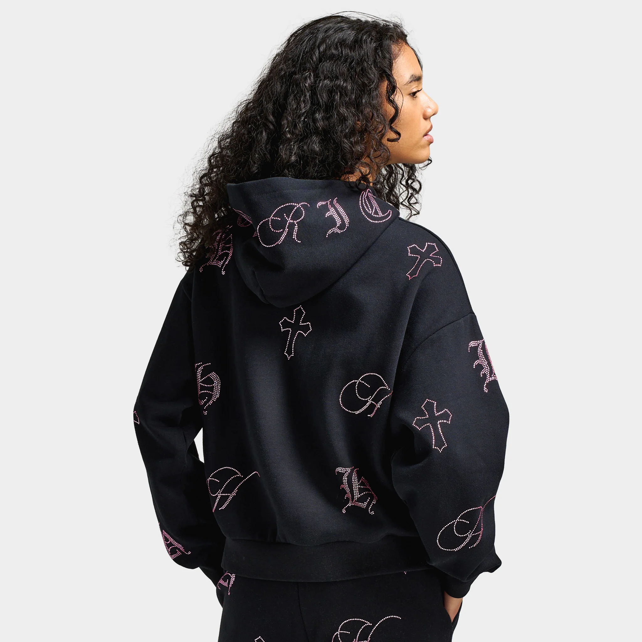 Hoodrich Women's Crystal Mid Length Hoodie Black / Pink Rhinestone - Image 2