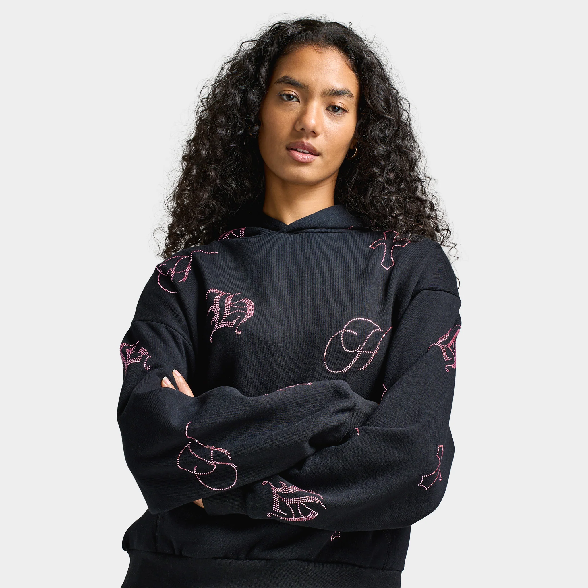 Hoodrich Women's Crystal Mid Length Hoodie Black / Pink Rhinestone - Image 3