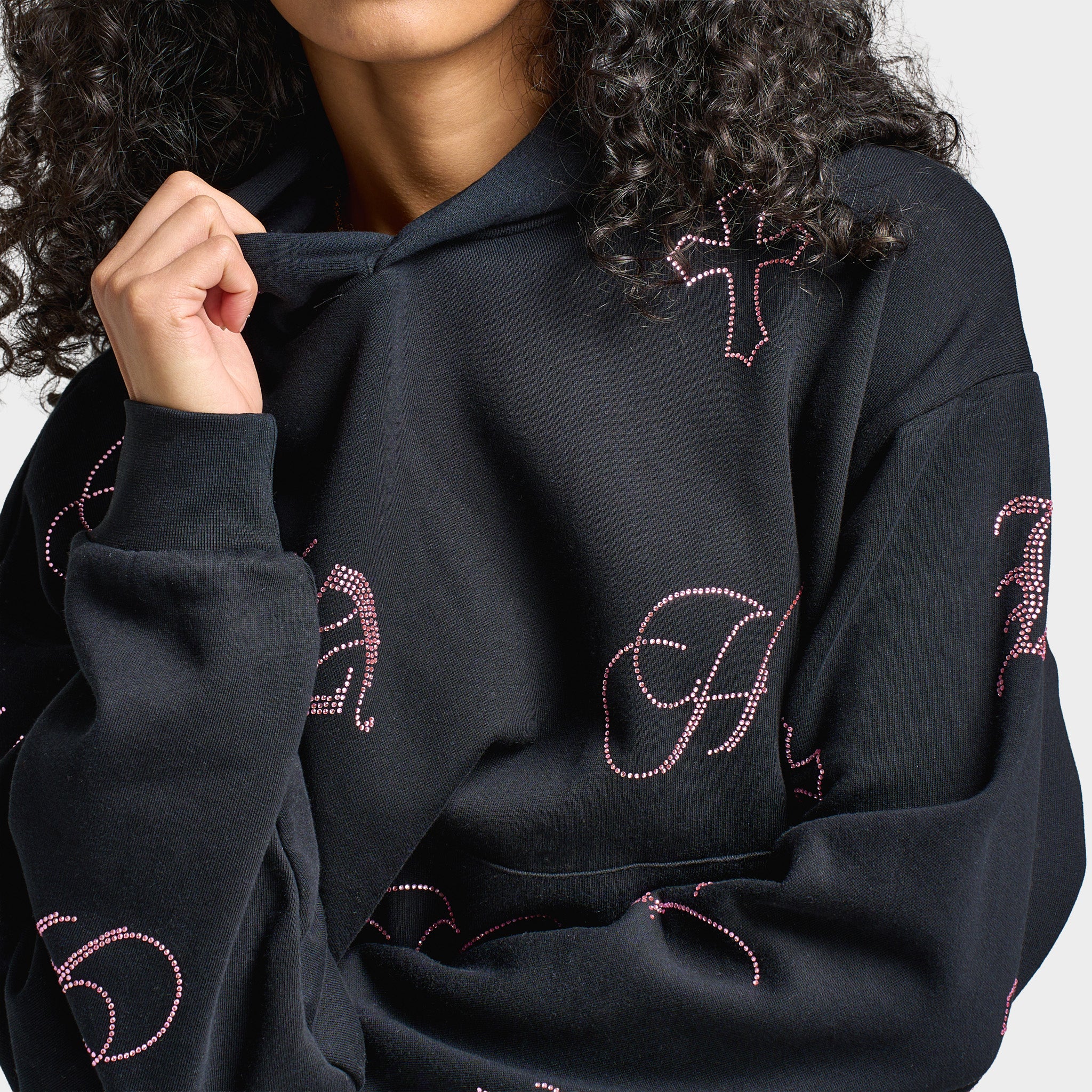 Hoodrich Women's Crystal Mid Length Hoodie Black / Pink Rhinestone - Image 4