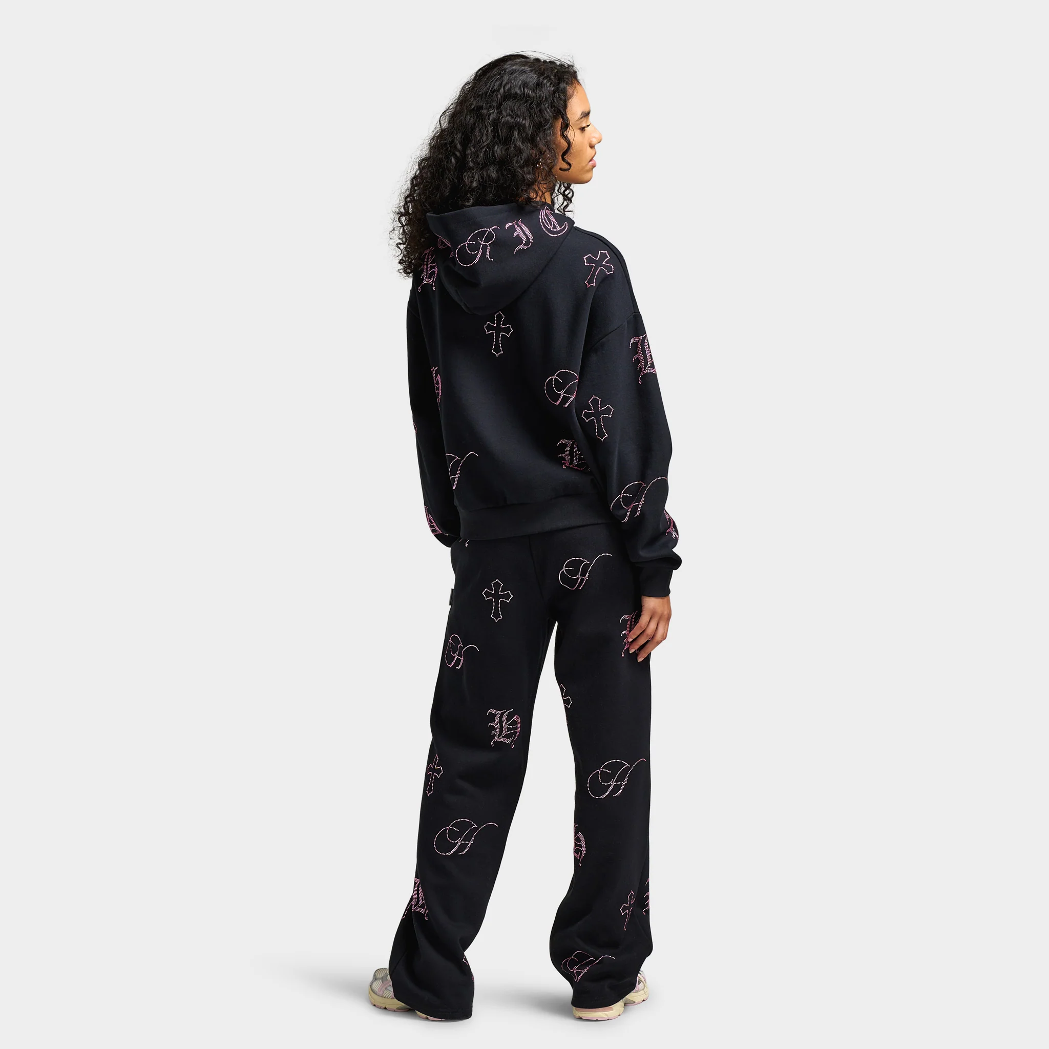 Hoodrich Women's Crystal Mid Length Hoodie Black / Pink Rhinestone - Image 5
