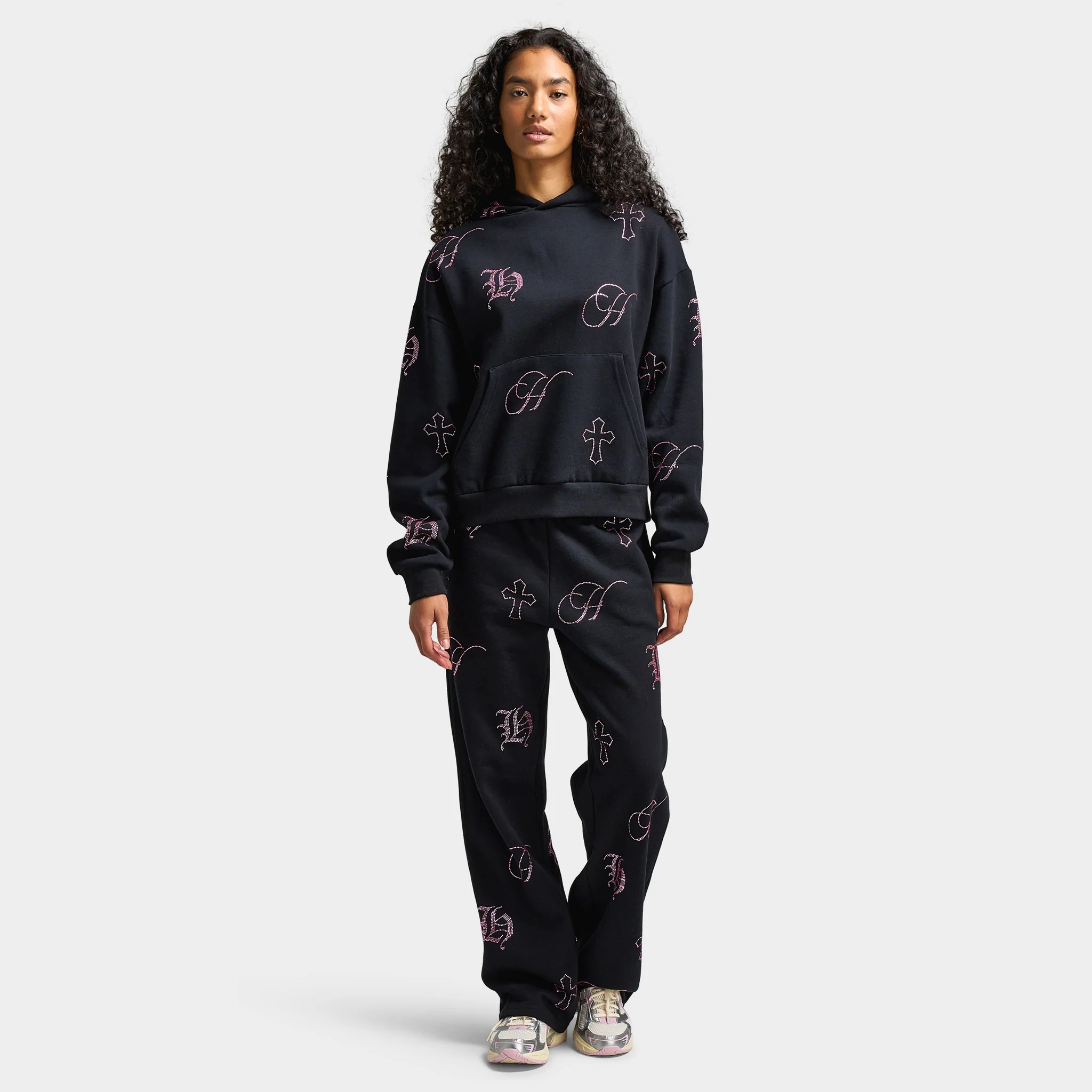 Hoodrich Women's Crystal Mid Length Hoodie Black / Pink Rhinestone - Image 6