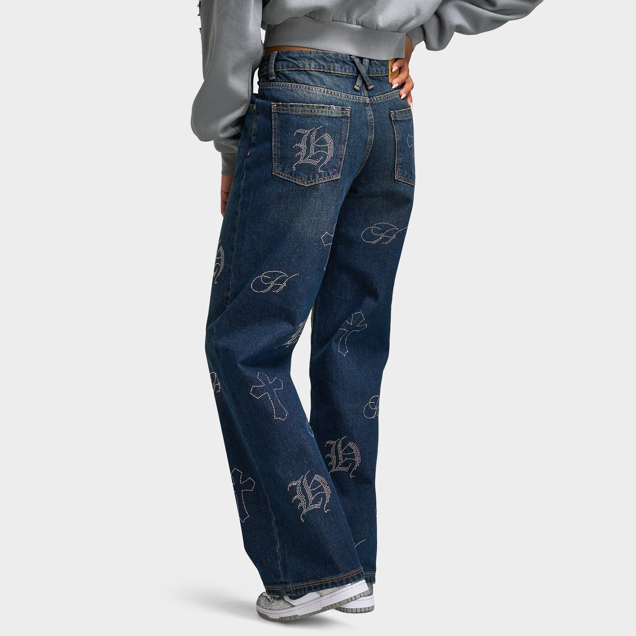 Hoodrich Women's Crystal Wide Leg Jeans Vintage Blue Wash / Silver Rhinestones - Image 2
