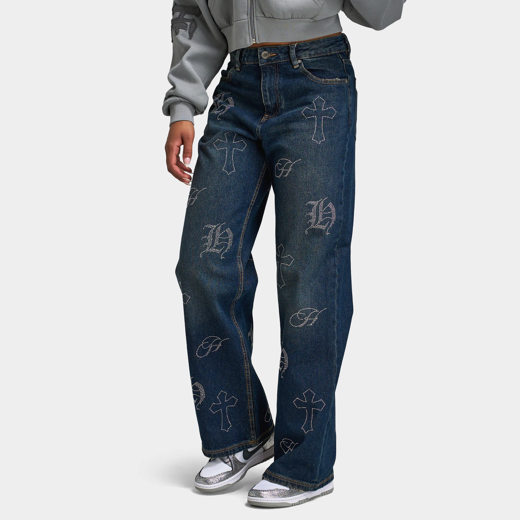 Hoodrich Women's Crystal Wide Leg Jeans Vintage Blue Wash / Silver Rhinestones - Image 3