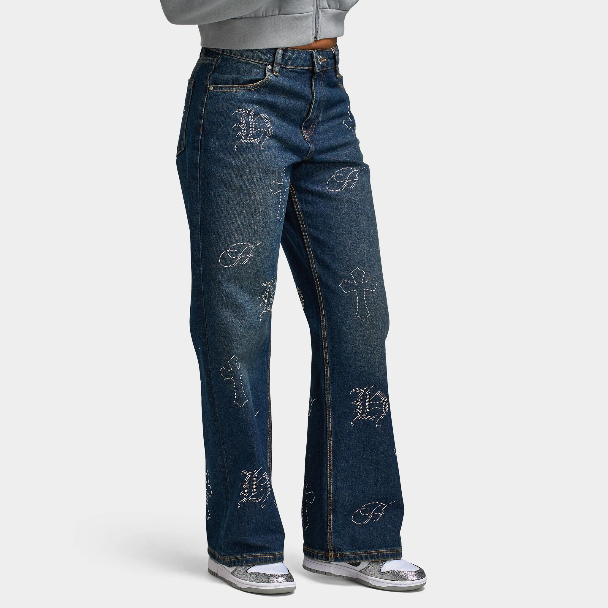 Hoodrich Women's Crystal Wide Leg Jeans Vintage Blue Wash / Silver Rhinestones - Image 4