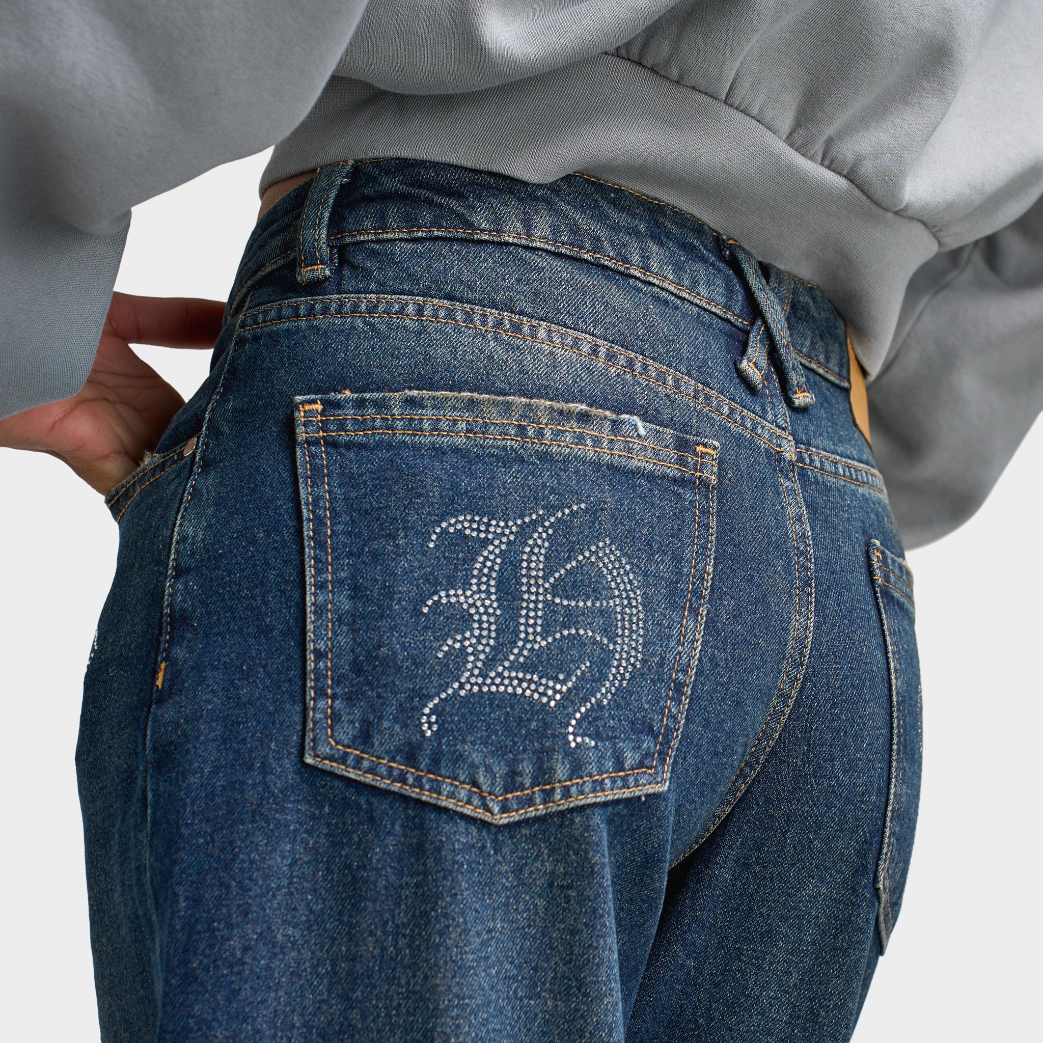 Hoodrich Women's Crystal Wide Leg Jeans Vintage Blue Wash / Silver Rhinestones - Image 5