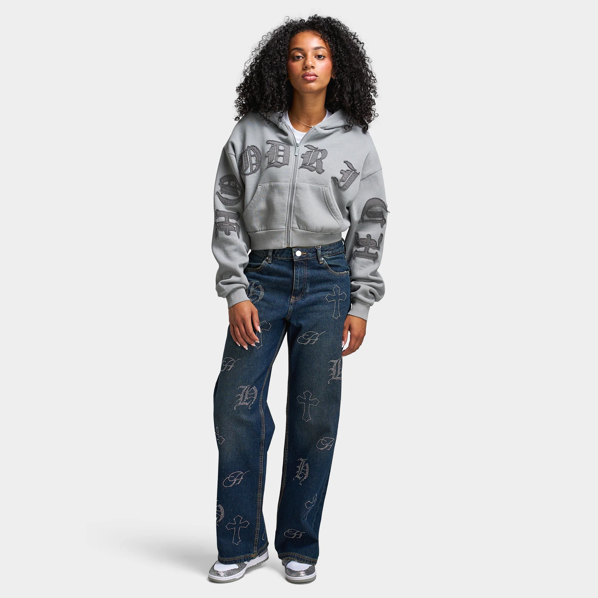 Hoodrich Women's Crystal Wide Leg Jeans Vintage Blue Wash / Silver Rhinestones - Image 6