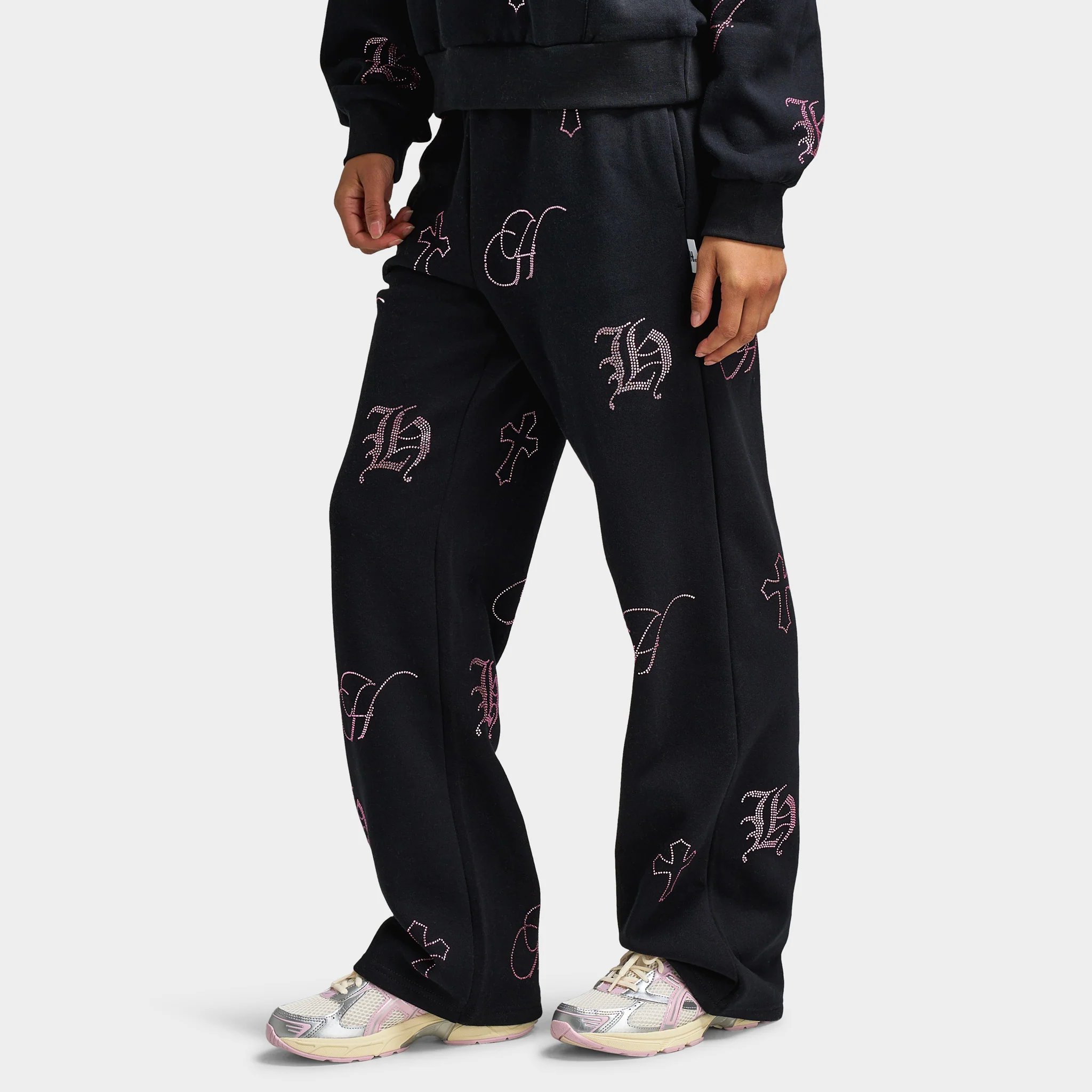 Hoodrich Women's Crystal Wide Leg Joggers Black / Pink Rhinestone - Image 3