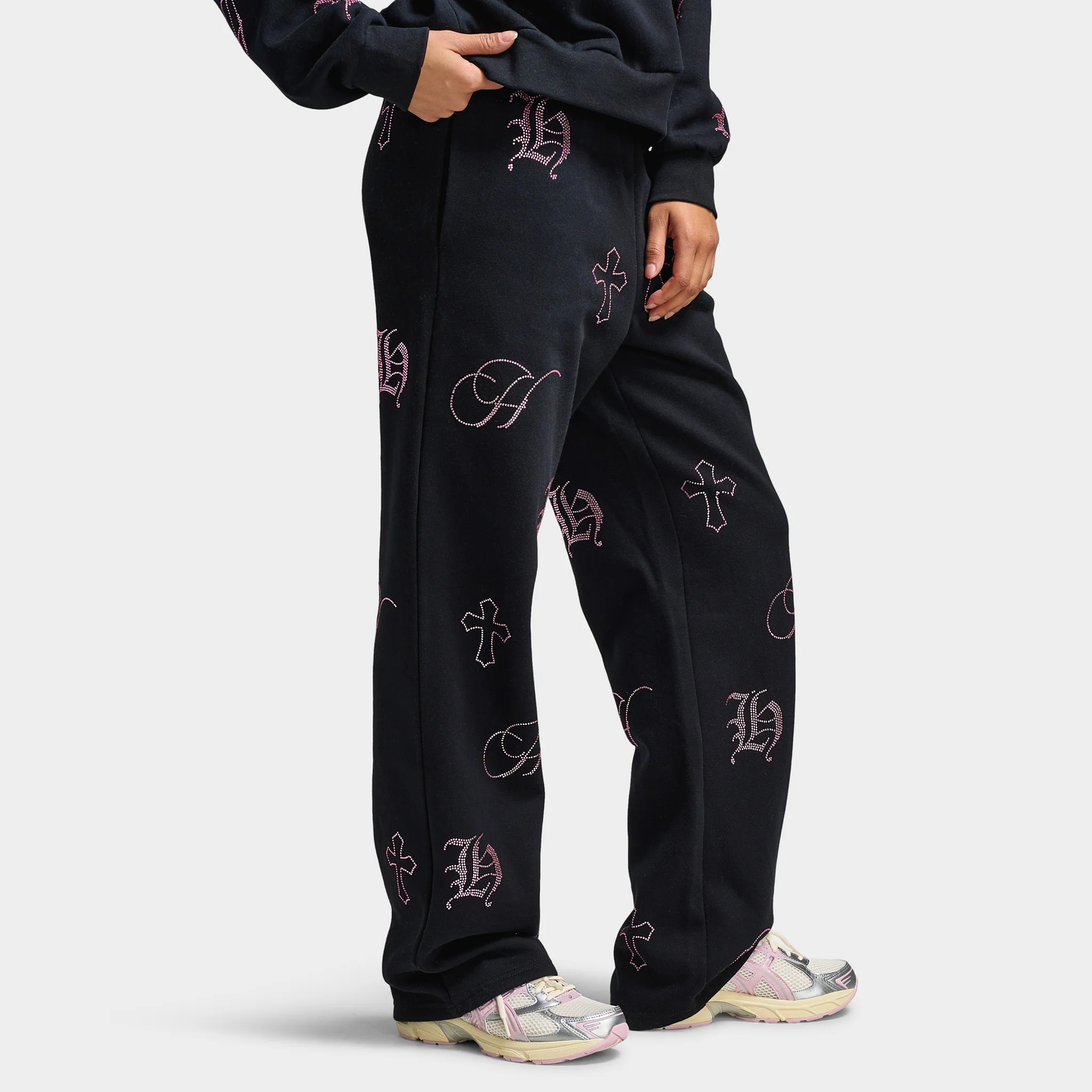 Hoodrich Women's Crystal Wide Leg Joggers Black / Pink Rhinestone - Image 4