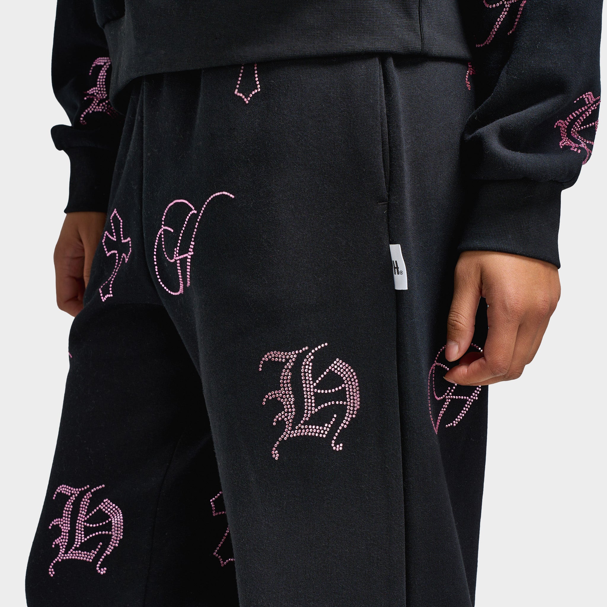Hoodrich Women's Crystal Wide Leg Joggers Black / Pink Rhinestone - Image 5