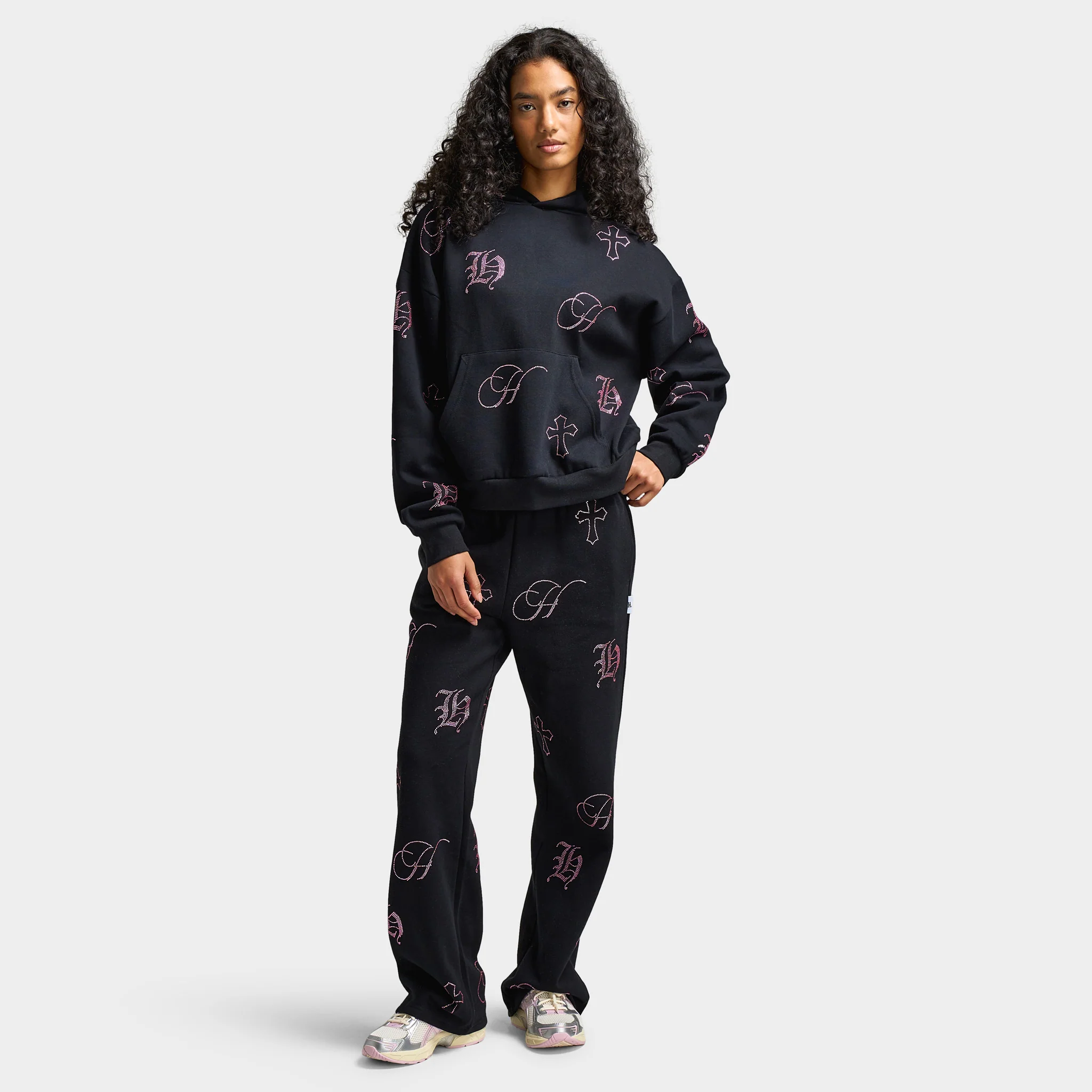 Hoodrich Women's Crystal Wide Leg Joggers Black / Pink Rhinestone - Image 6