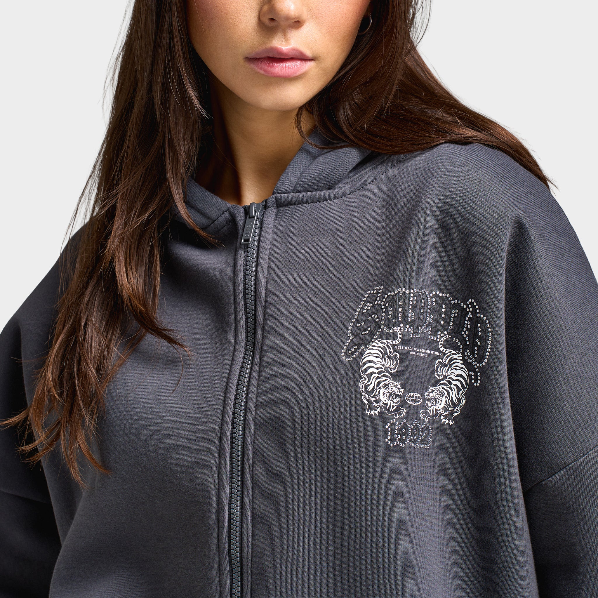 Supply & Demand Women's Heather Full Zip Hoodie Black Sand / Rhinestones Keyline - Image 5