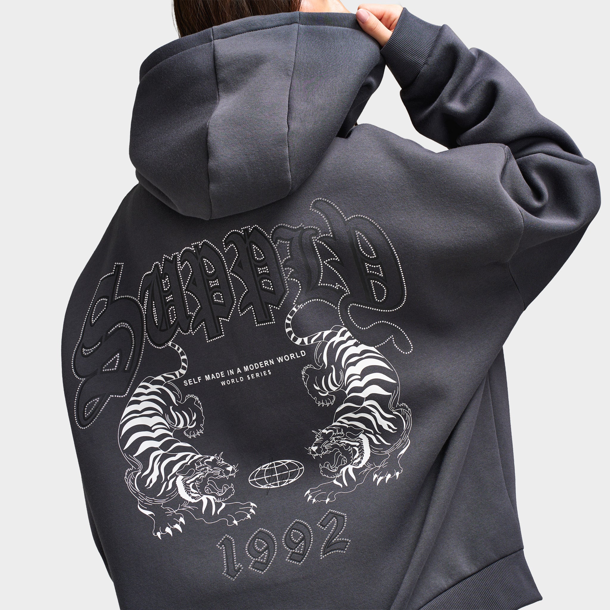 Supply & Demand Women's Heather Full Zip Hoodie Black Sand / Rhinestones Keyline - Image 6