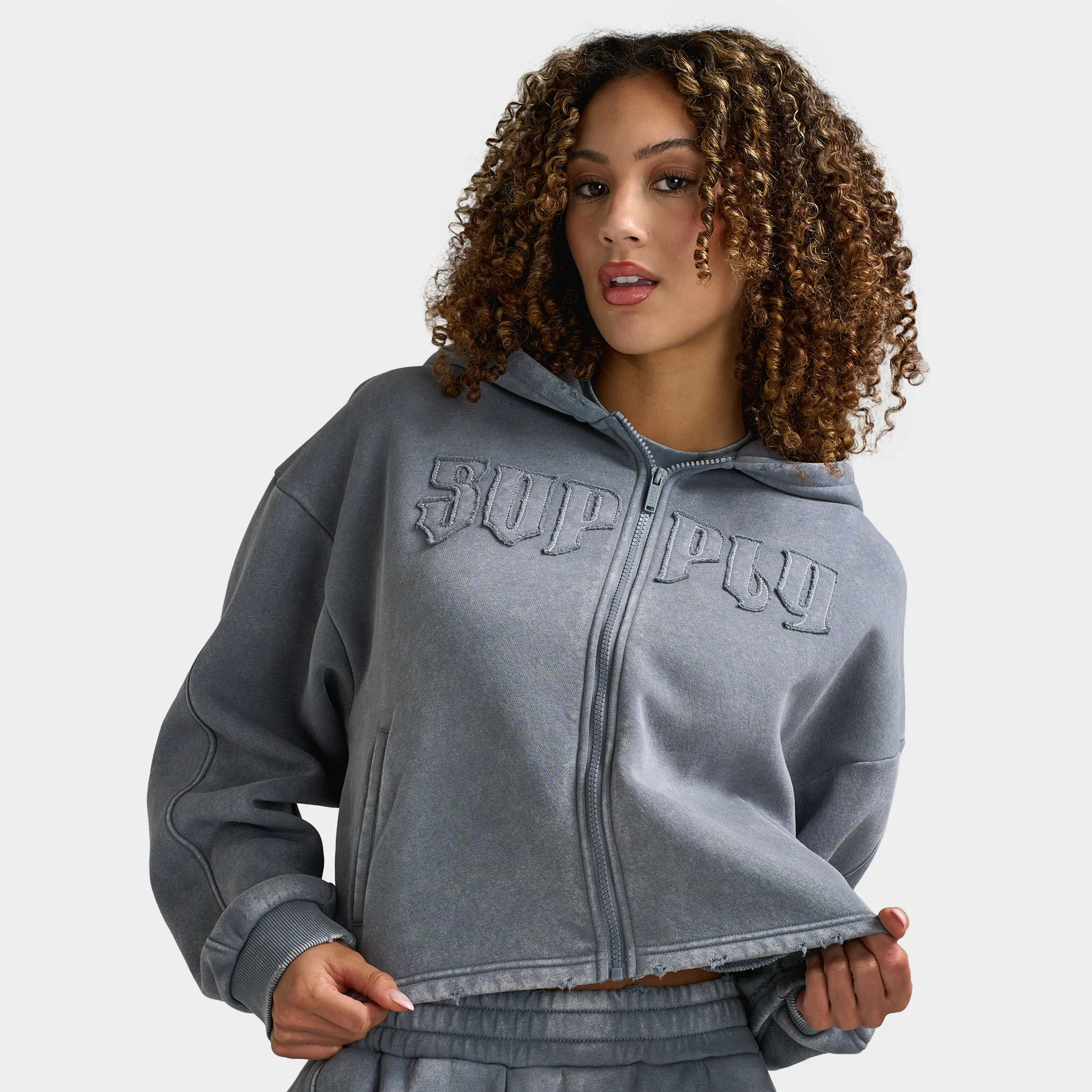 Supply & Demand Women's Raw Boxy Full Zip Hoodie / Grey Shingles - Image 3