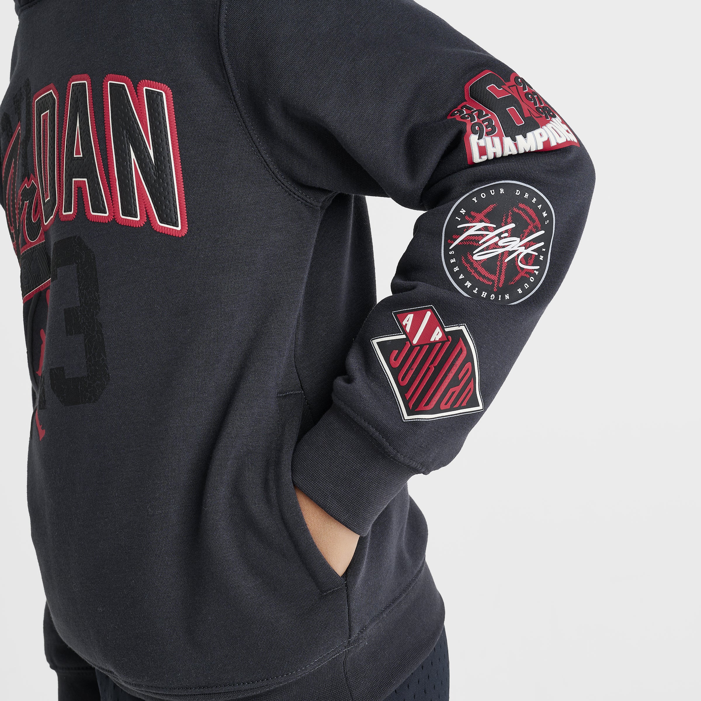 Jordan Juniors' Varsity Split Pullover Hoodie Off Noir / Gym Red - Image 4