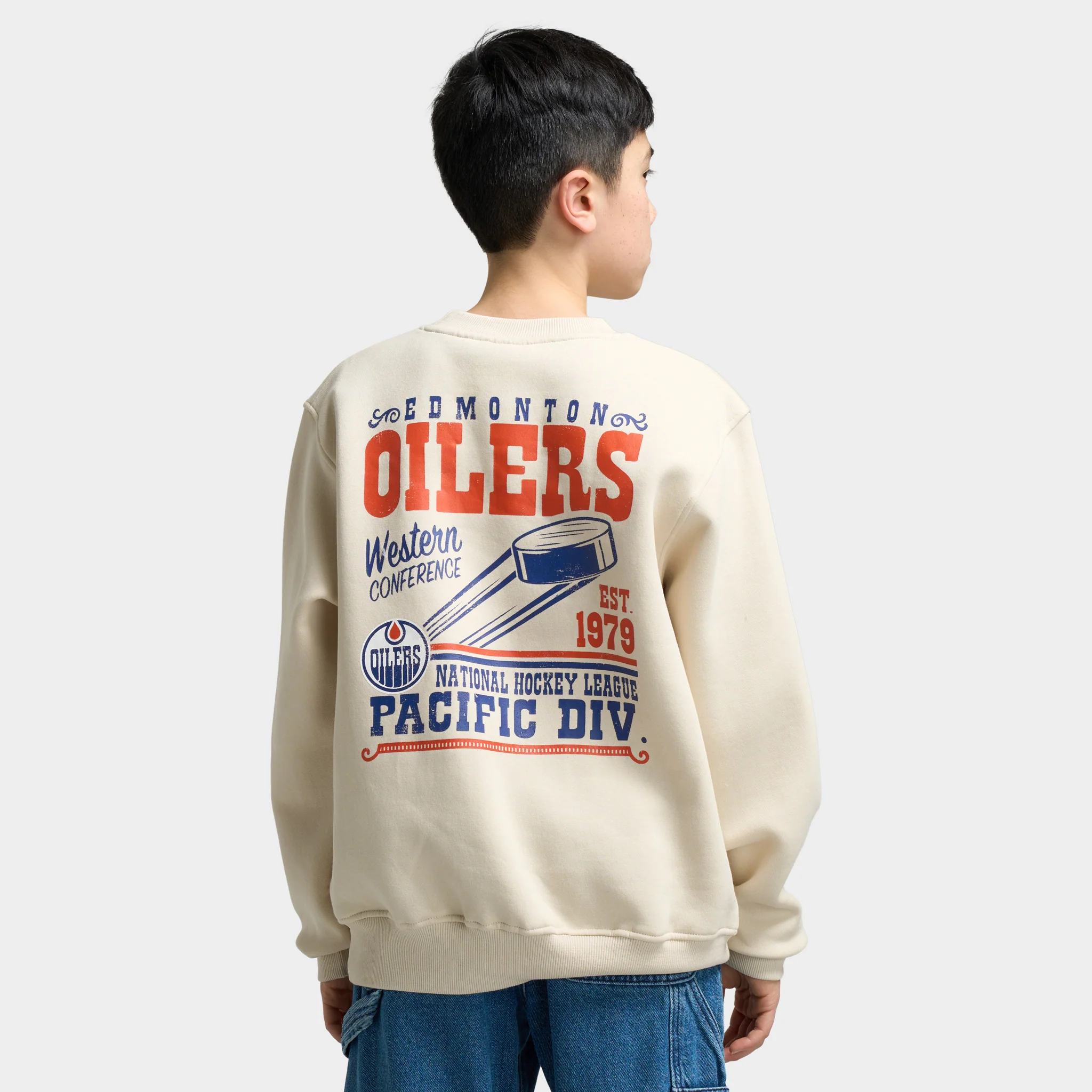 Mitchell & Ness Juniors' NHL Bulletin Pullover Fleece Crew Oilers / Cream - Image 2