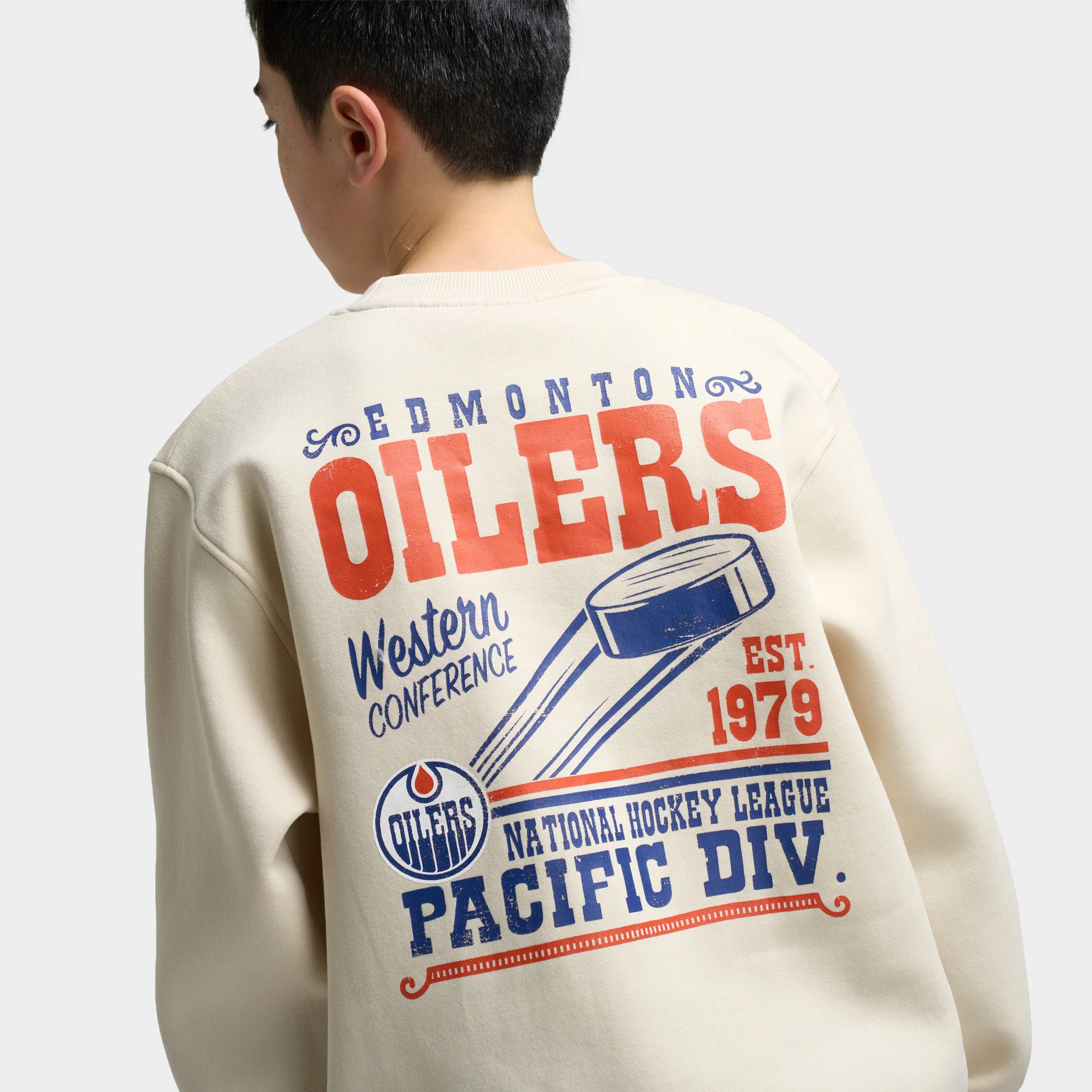 Mitchell & Ness Juniors' NHL Bulletin Pullover Fleece Crew Oilers / Cream - Image 4