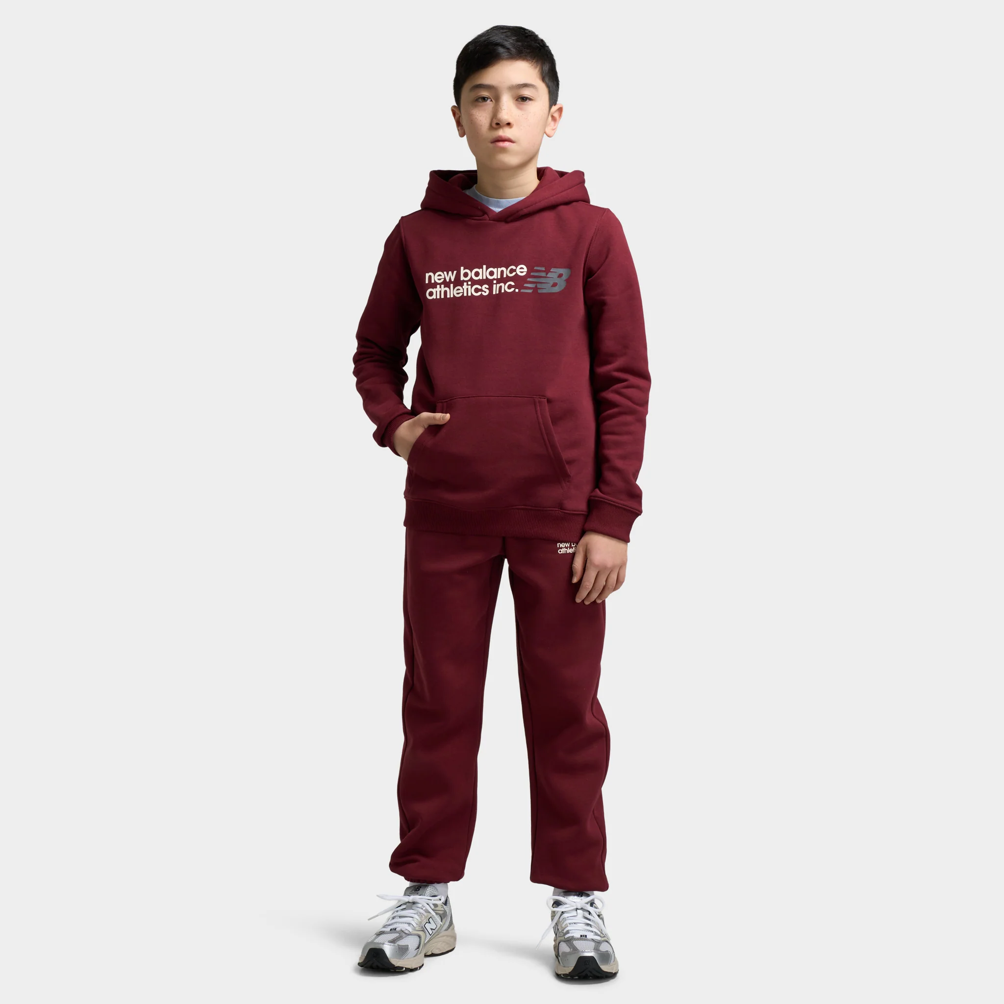 New Balance Juniors' Linear Logo Hoodie / Monarch Burgundy - Image 6