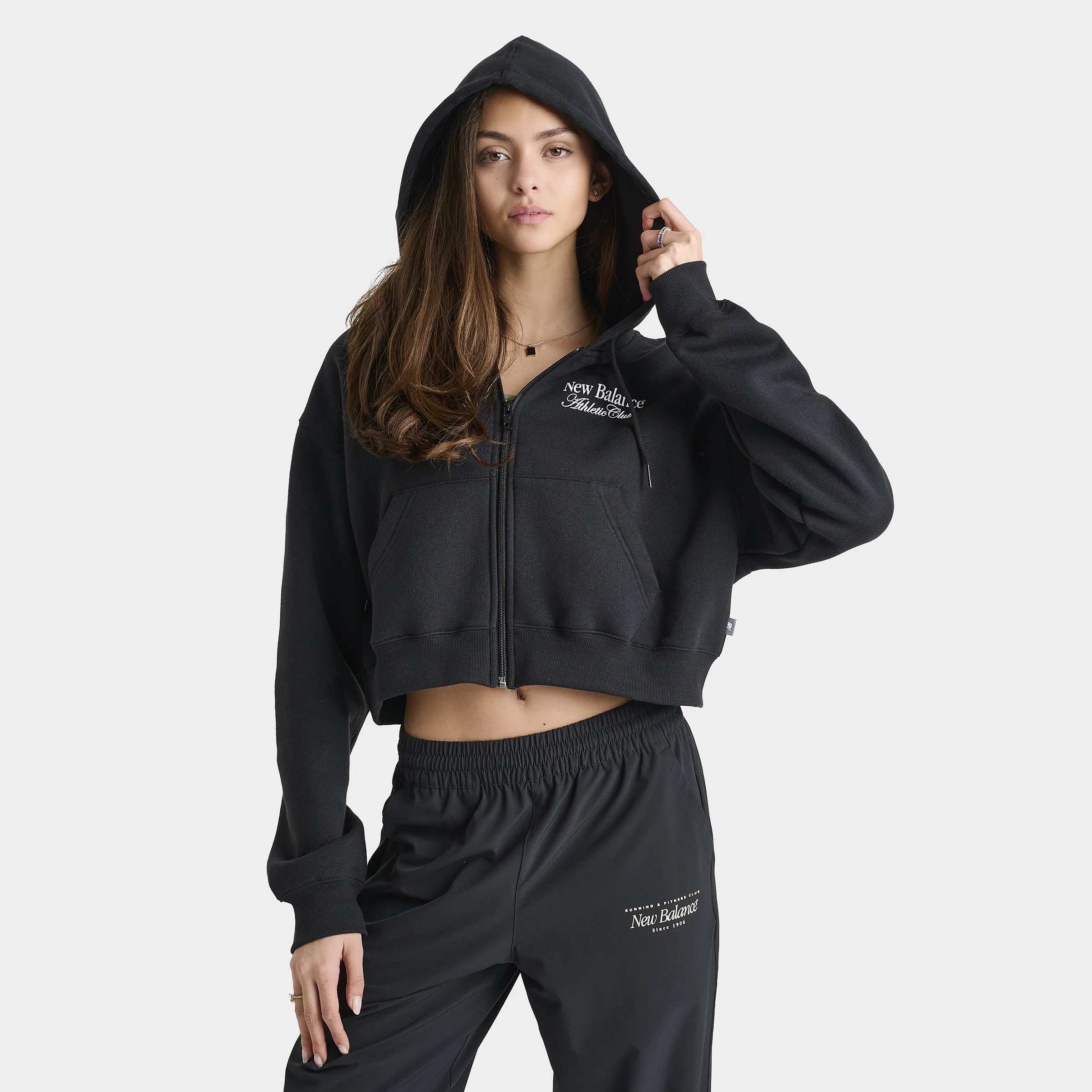 New Balance Women's Linear Crop Full Zip Hoodie Black - Image 3