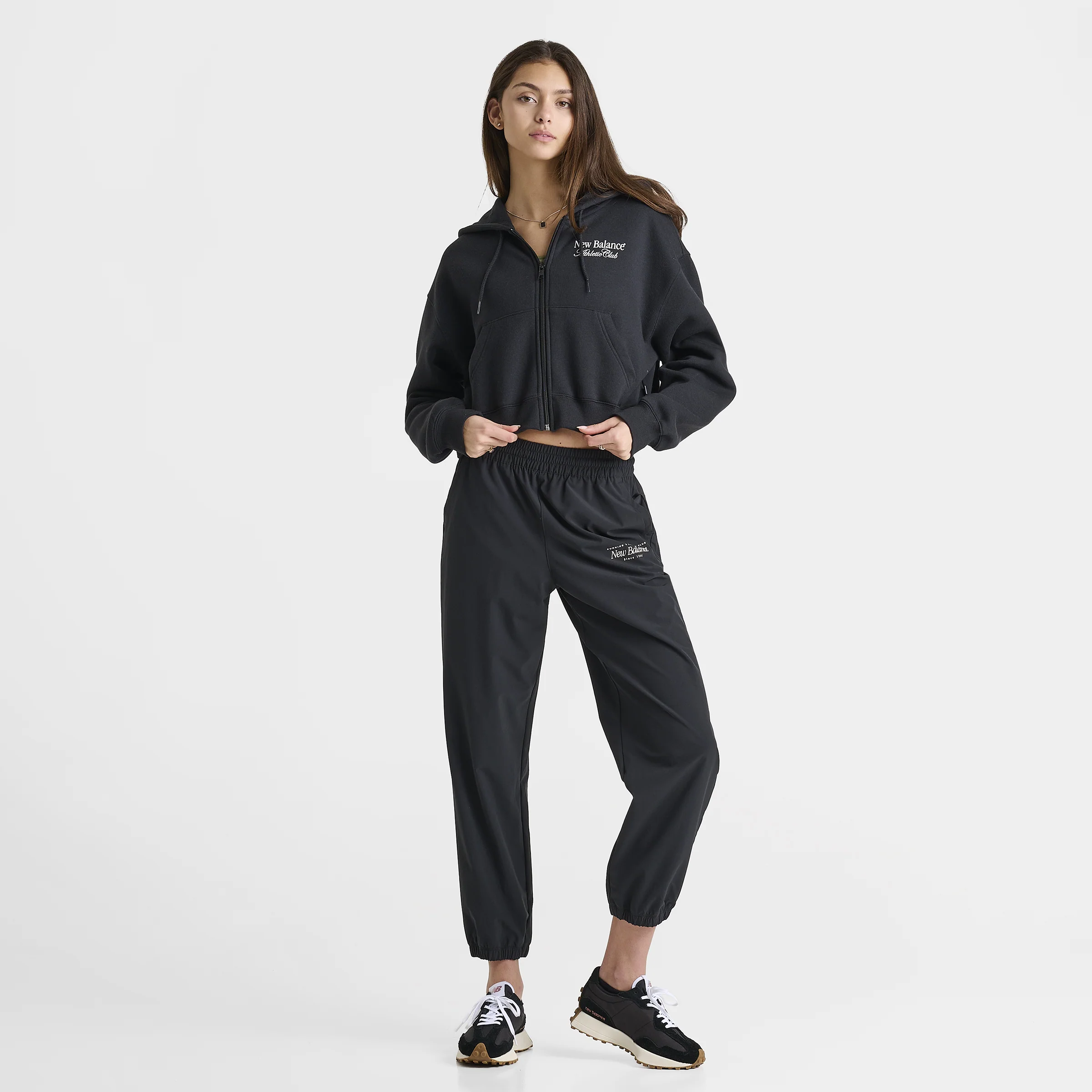 New Balance Women's Linear Crop Full Zip Hoodie Black - Image 6