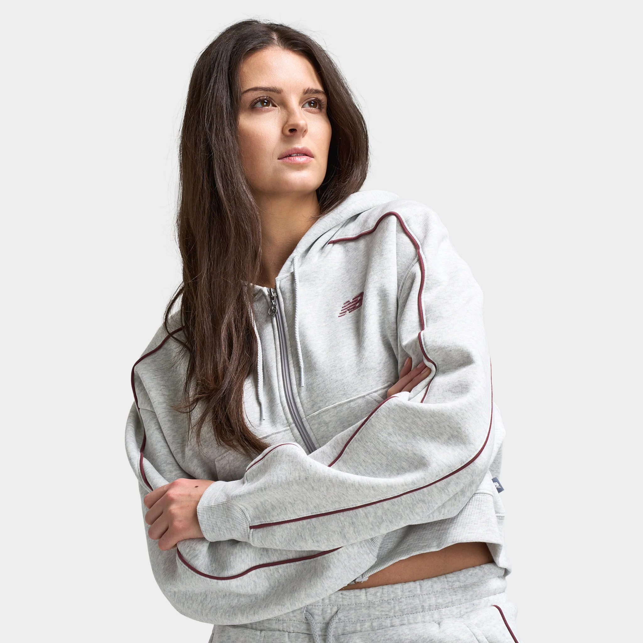 New Balance Women's Piping Full-Zip Crop Hoodie / Grey - Image 4