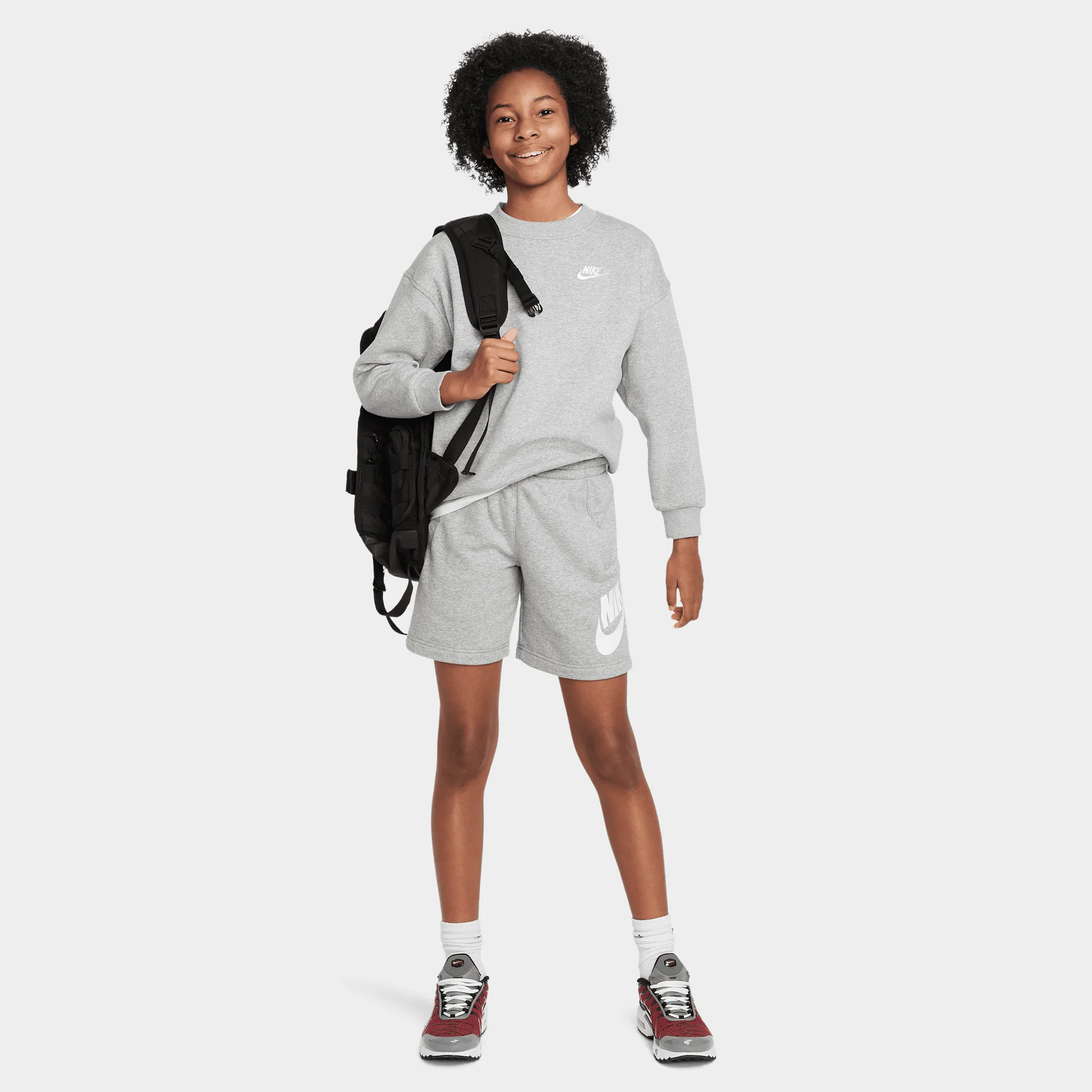 Nike Junior Girls' Club Fleece Oversized Crewneck Dark Grey Heather / White - Image 4