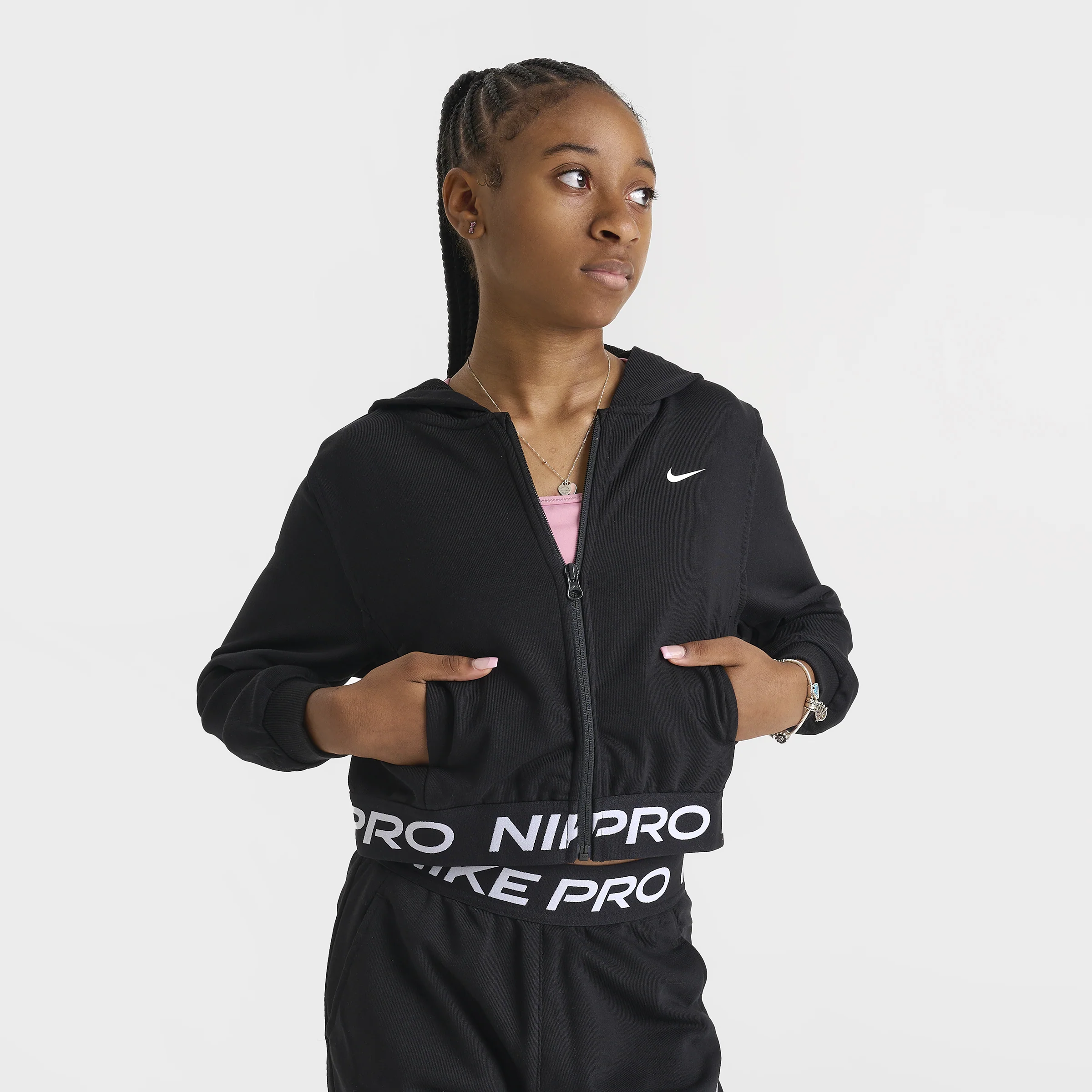 Nike Pro Junior Girls' Dri-FIT Full Zip Fleece Hoodie Black / Black - Image 3