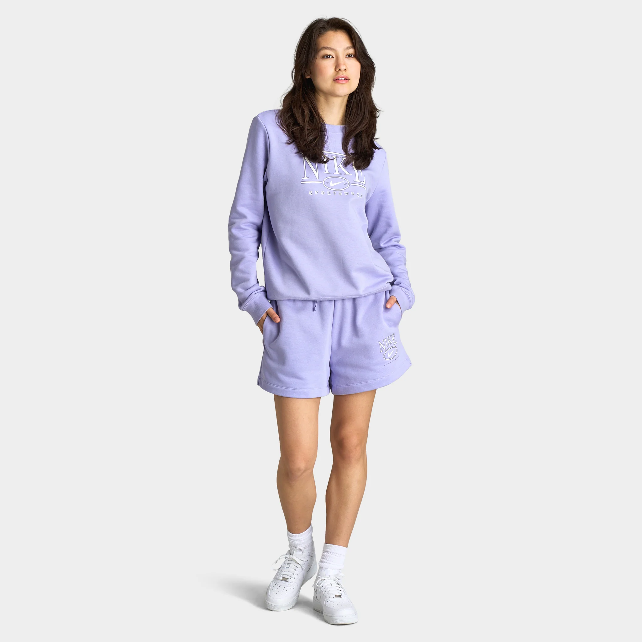 Nike Sportswear Women's Club Fleece Mid Rise 4" Graphic Shorts / Lilac Ice - Image 6