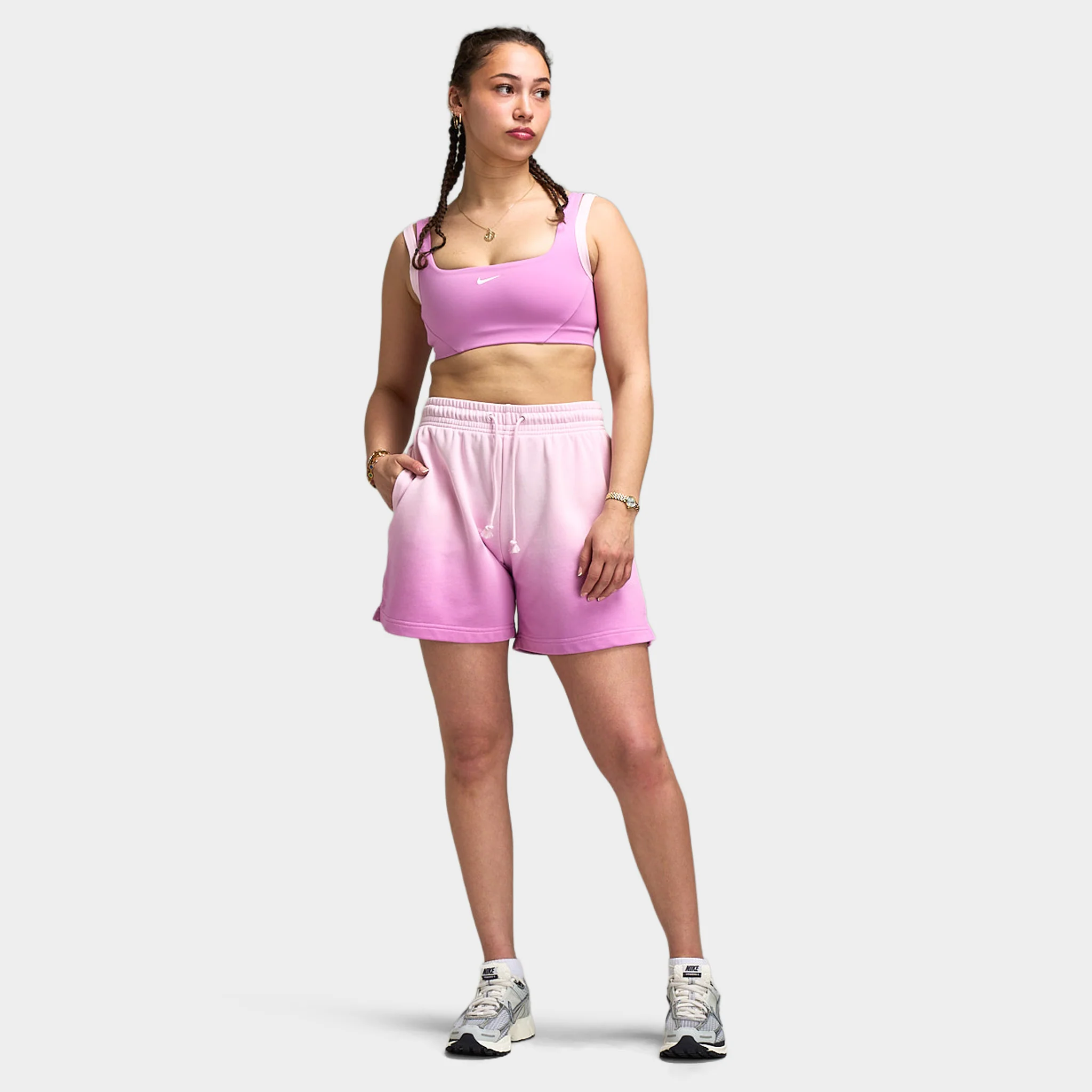 Nike Sportswear Women's Phoenix Fleece Mid Rise Dip Shorts / Pink Foam / Light Magenta - Image 6
