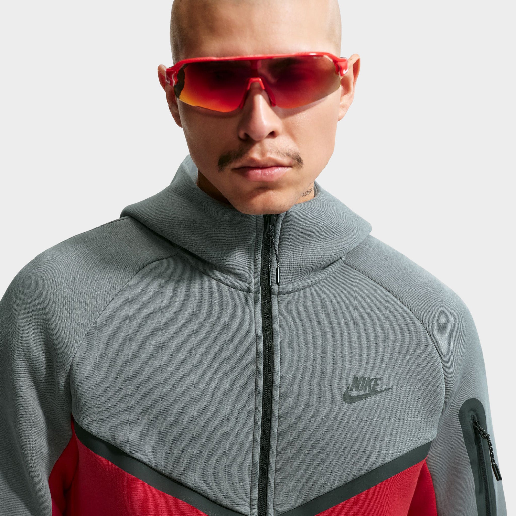 Nike Tech Fleece Full Zip Hoodie Smoke Grey / Fire Red / Black - Image 3