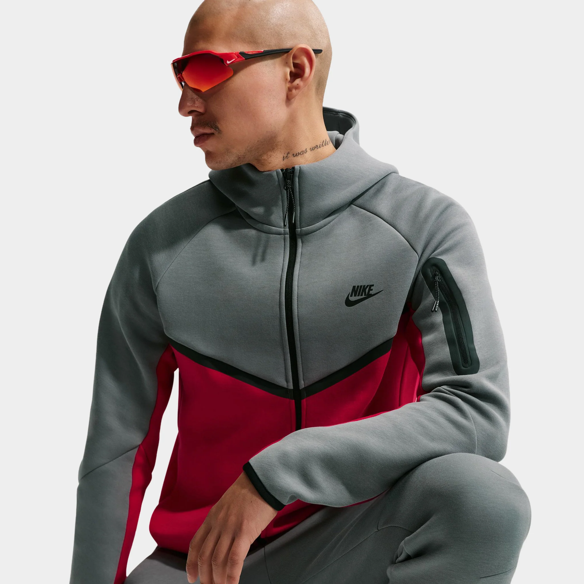 Nike Tech Fleece Full Zip Hoodie Smoke Grey / Fire Red / Black - Image 5