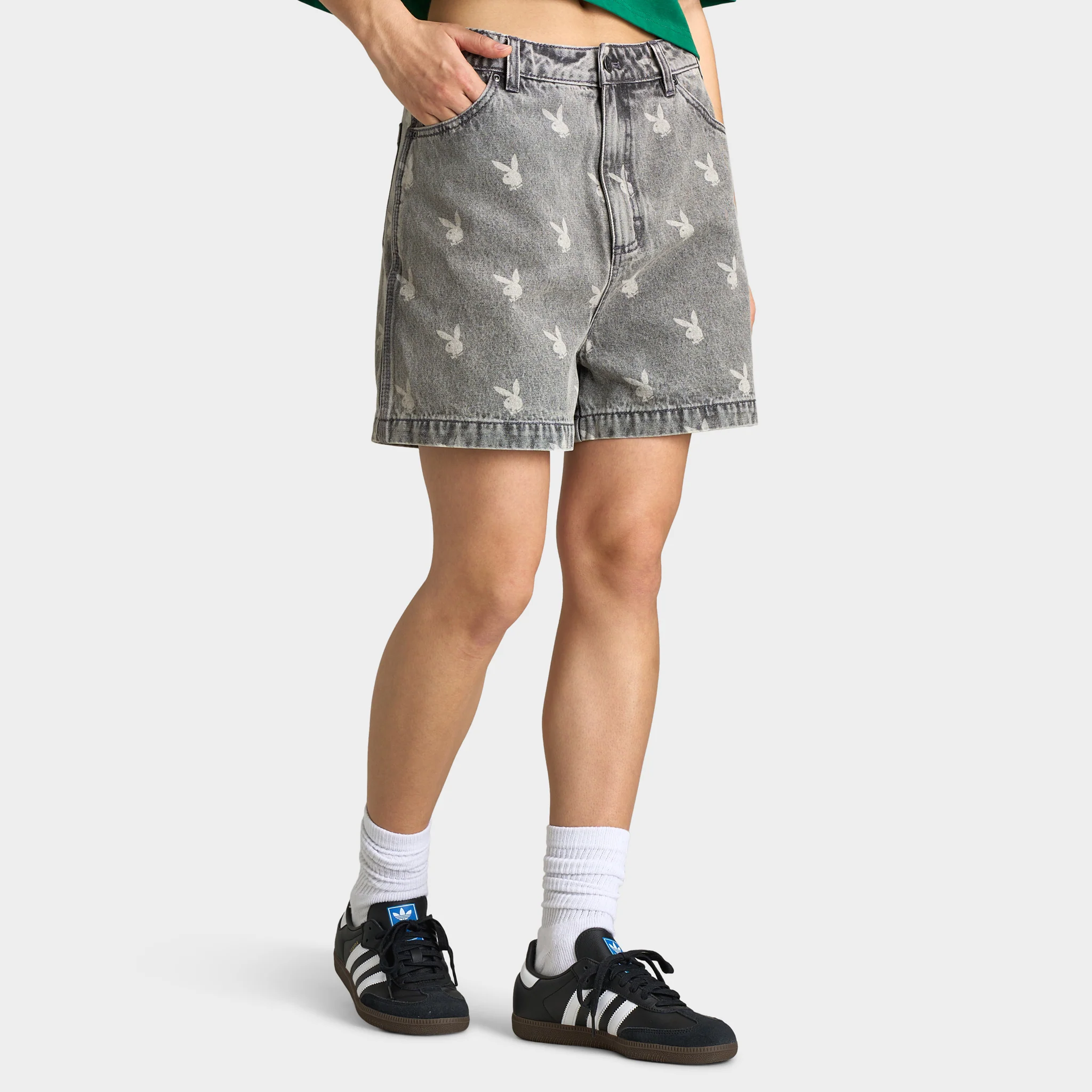 Playboy Bunny Logo Washed Denim Shorts / Light Grey Washed - Image 4