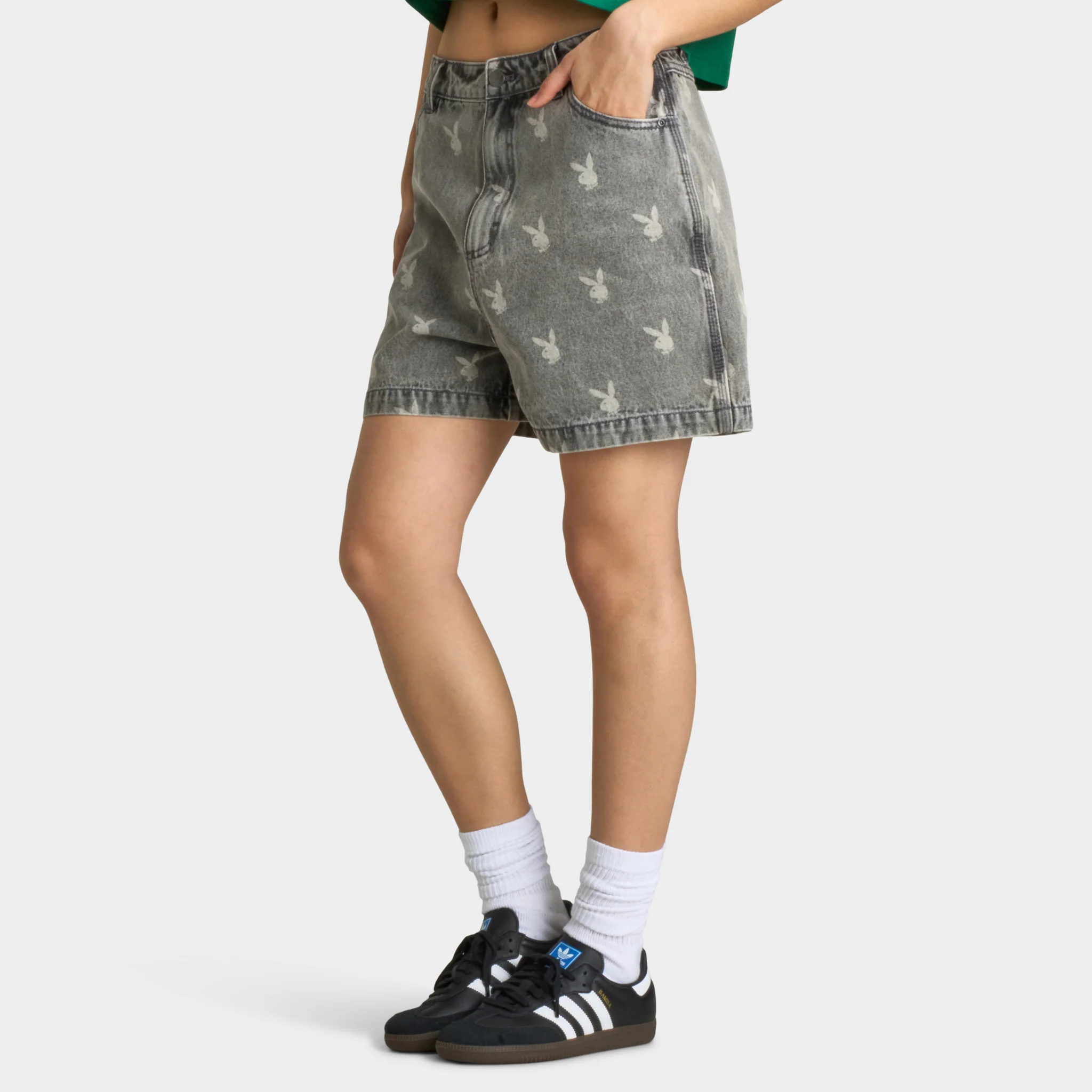 Playboy Bunny Logo Washed Denim Shorts / Light Grey Washed - Image 5