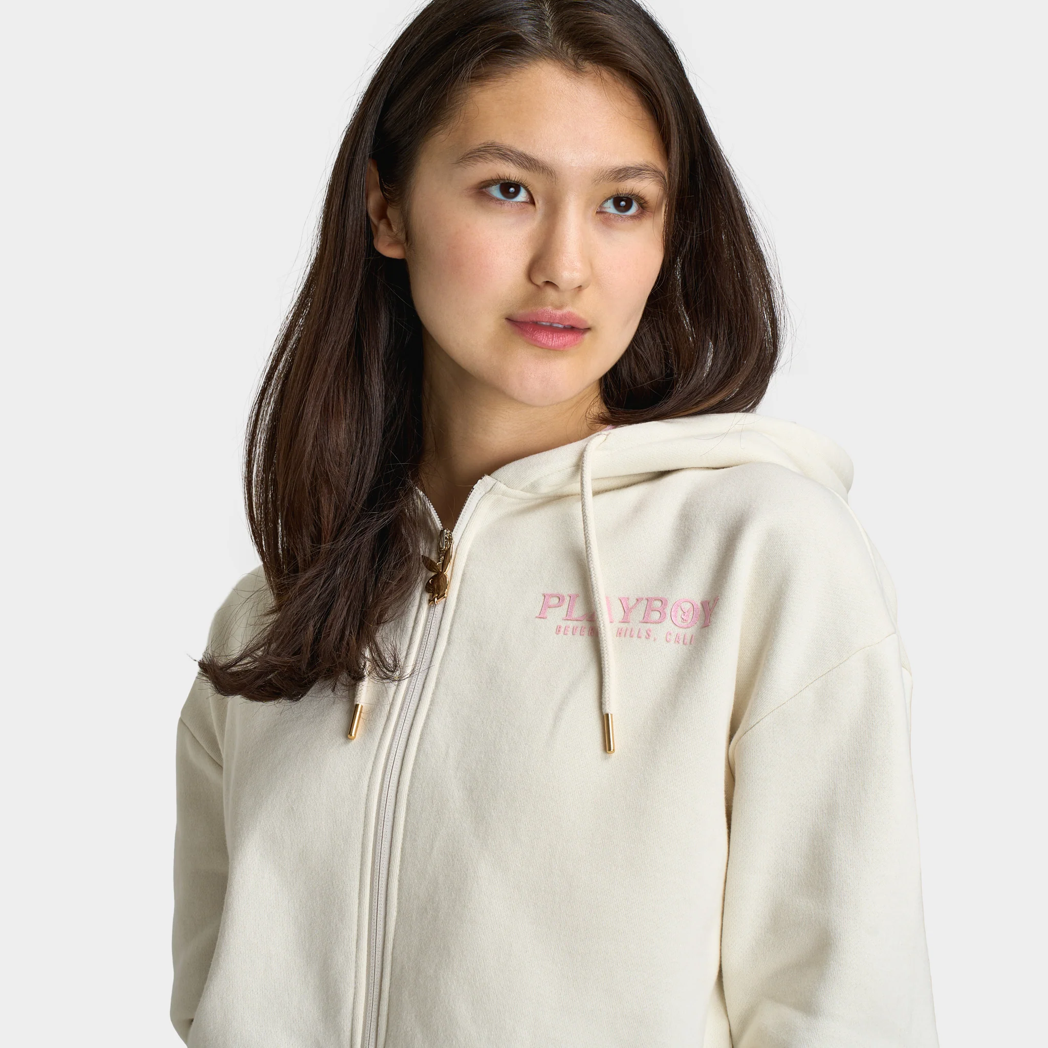 Playboy Casa Full Zip Cropped Hoodie Off White / Pinkesque - Image 4