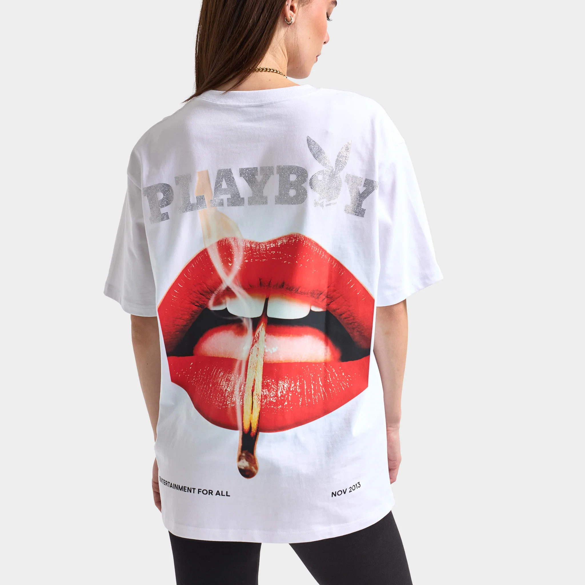 Playboy Women's Lips Diamonte Graphic T-Shirt / White - Image 3