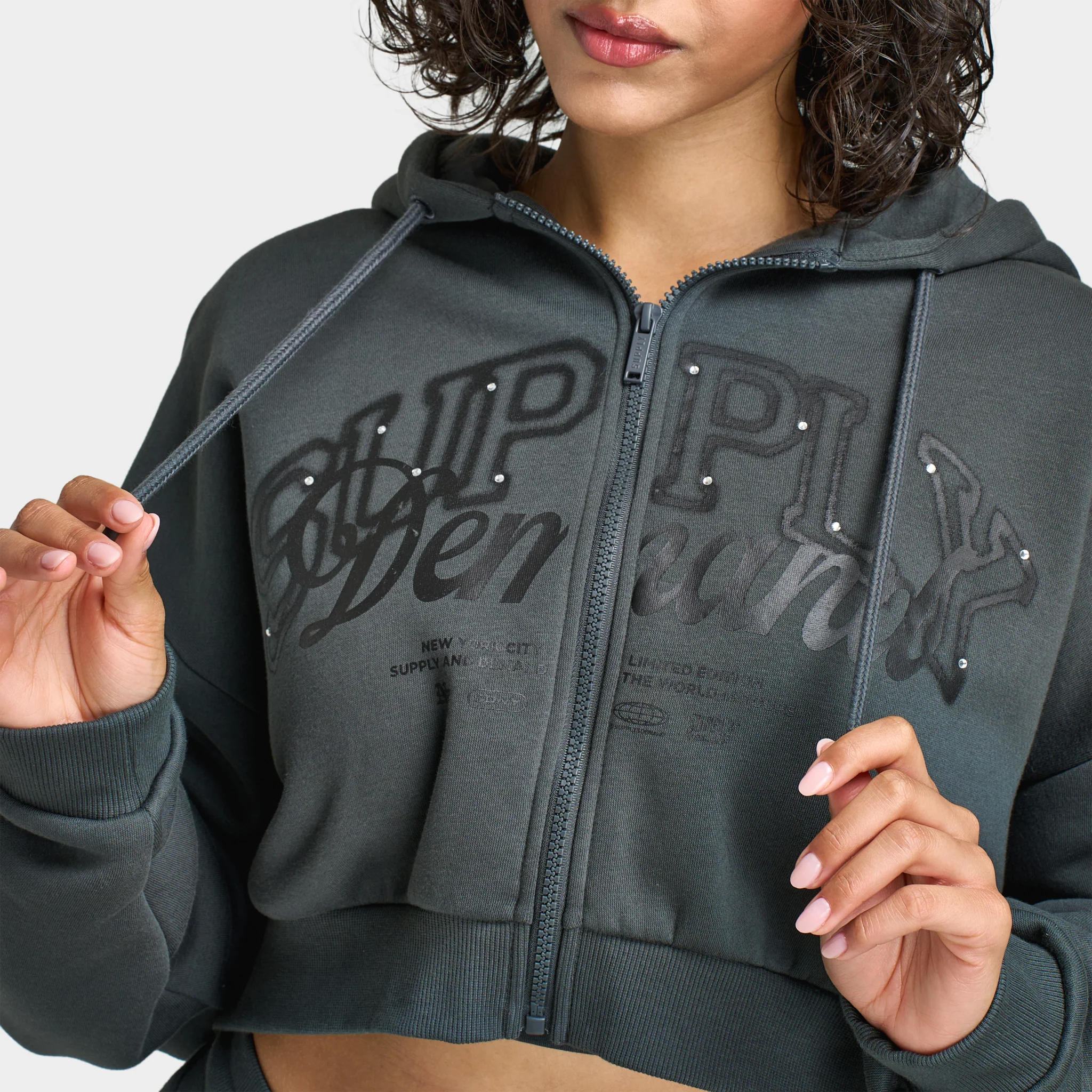 Supply & Demand Women's Spray Boxy Hoodie / Dark Grey With Diamantes - Image 4