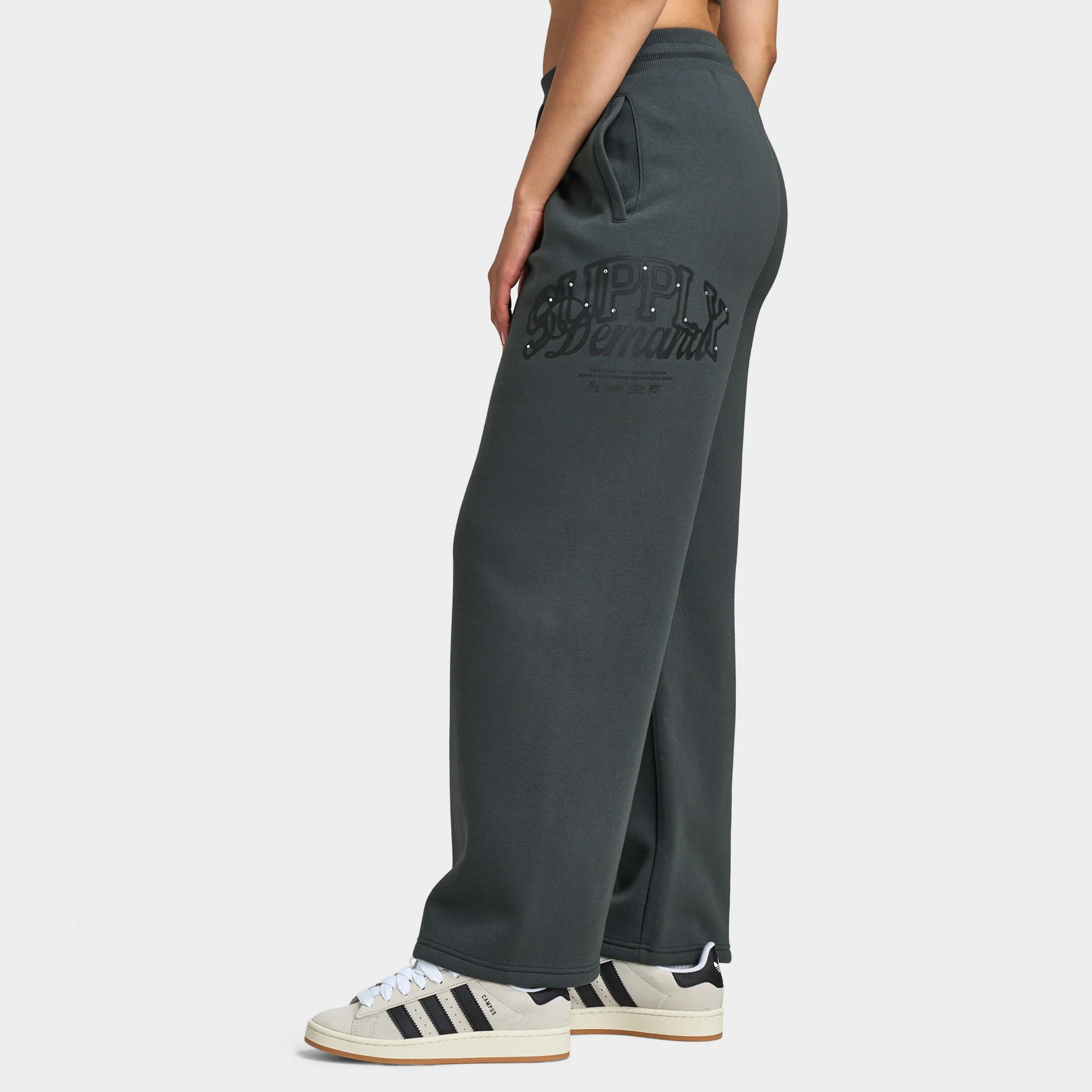 Supply & Demand Women's Spray Wide Leg Joggers / Dark Grey With Diamantes - Image 3