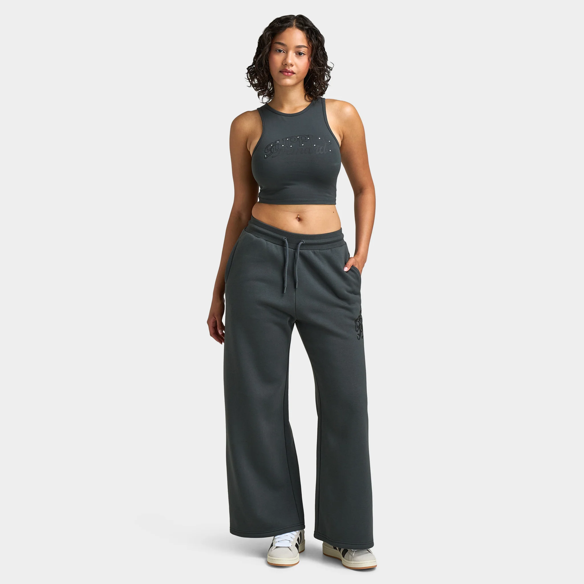 Supply & Demand Women's Spray Wide Leg Joggers / Dark Grey With Diamantes - Image 6