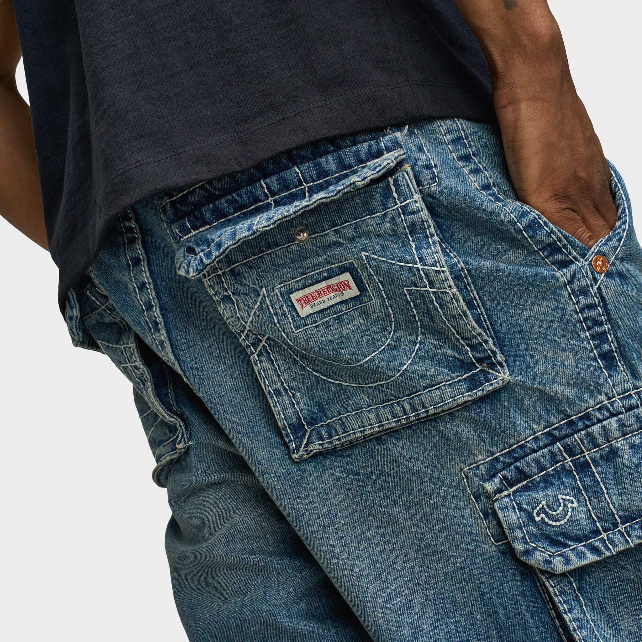 True Religion Big T Vinny Medium Wash Cargo Shorts / Blue Legend - Image 3