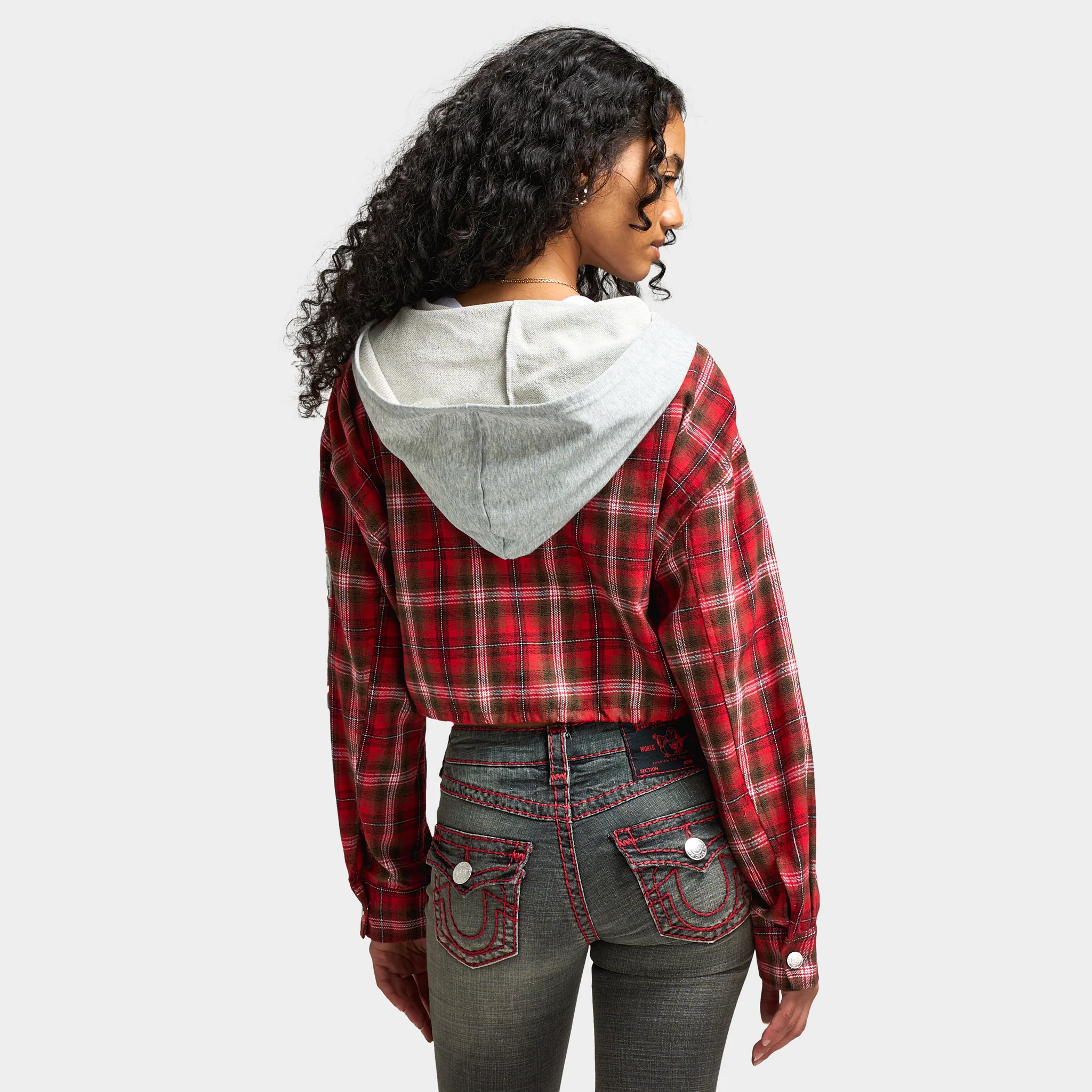 True Religion Women's Applique Hoodie Shrunken Zip / Red Plaid - Image 2
