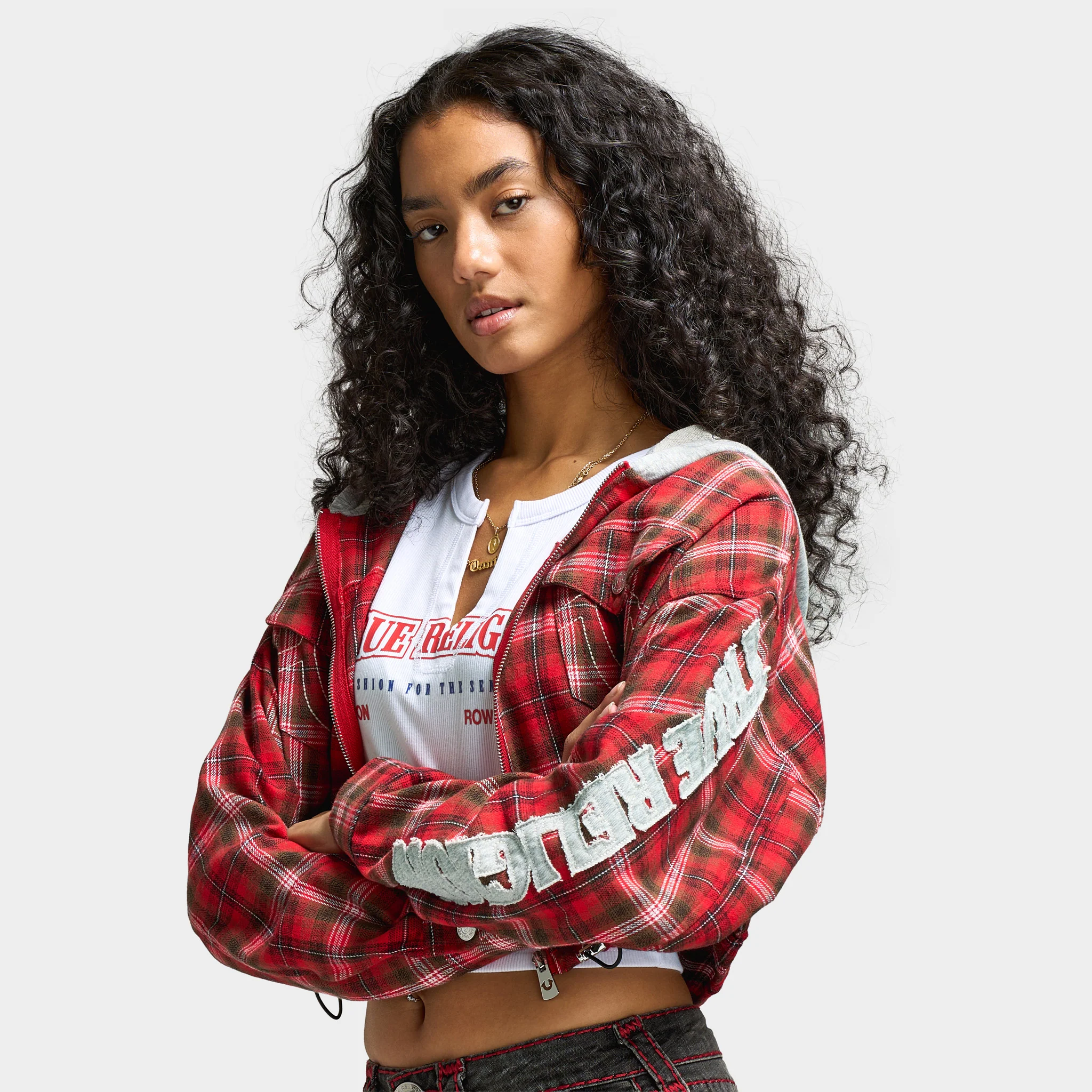 True Religion Women's Applique Hoodie Shrunken Zip / Red Plaid - Image 3