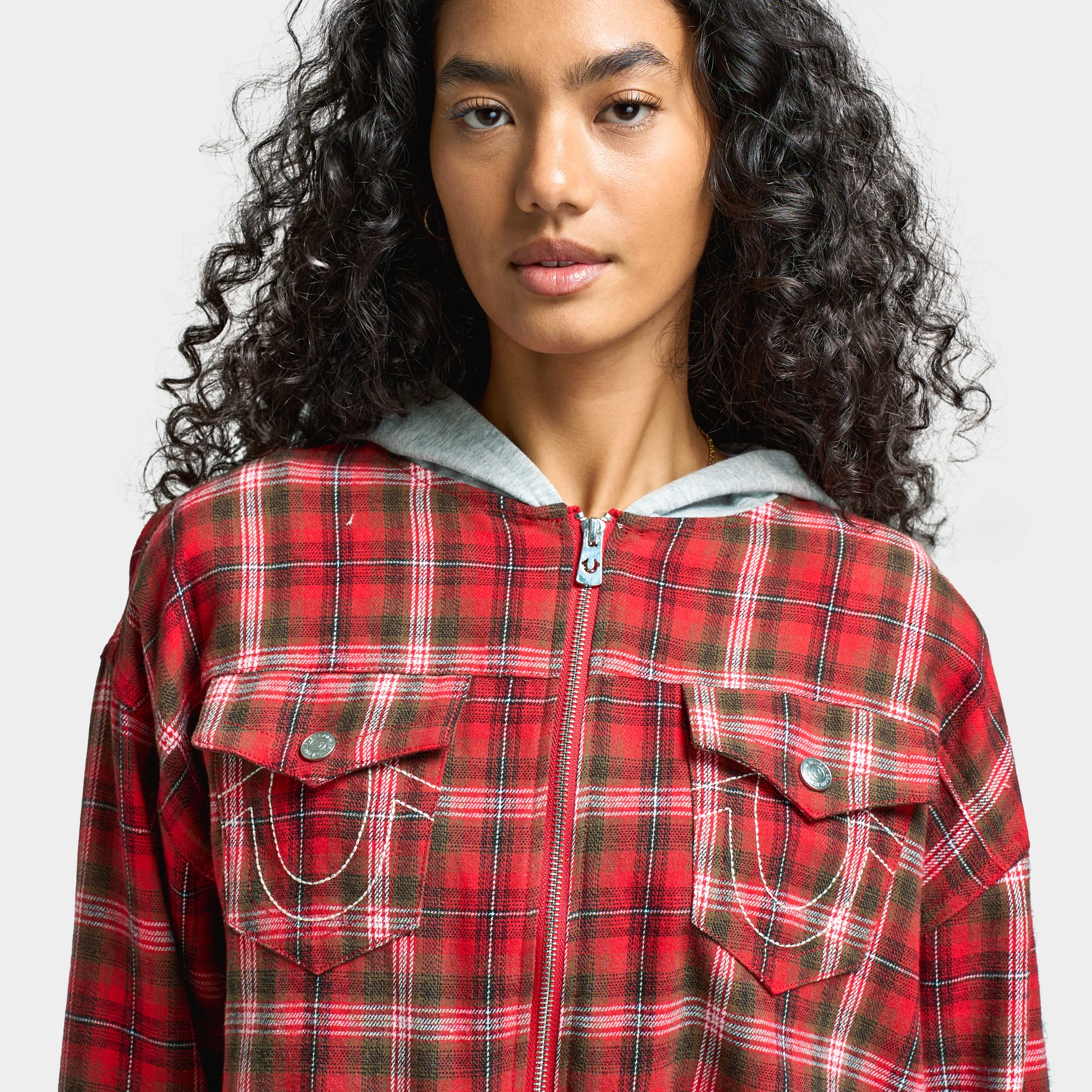 True Religion Women's Applique Hoodie Shrunken Zip / Red Plaid - Image 4